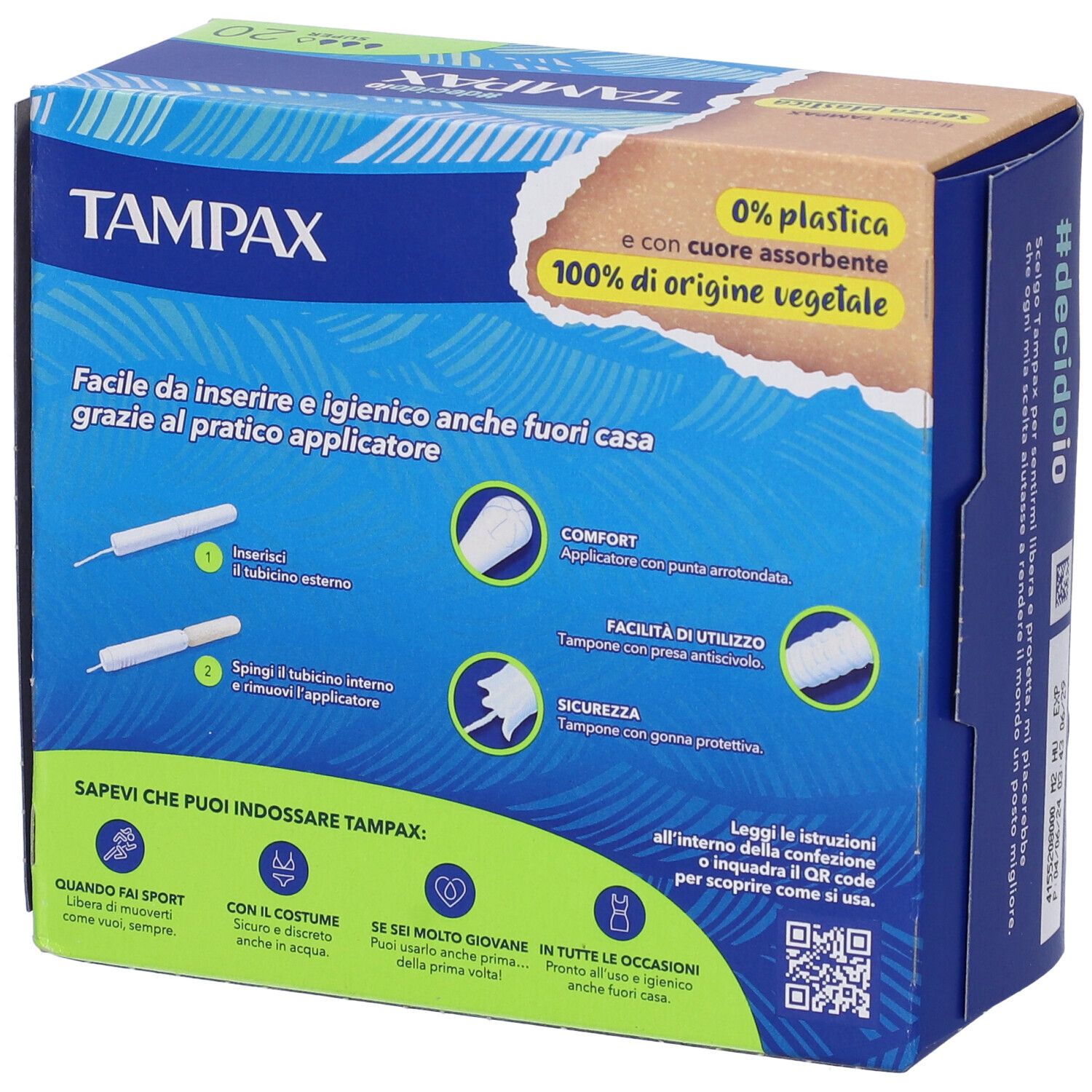 Scatola con logo TAMPAX. Testo sull'uso facile e l'igiene. Illustrazioni di tamponi e caratteristiche di applicazione.