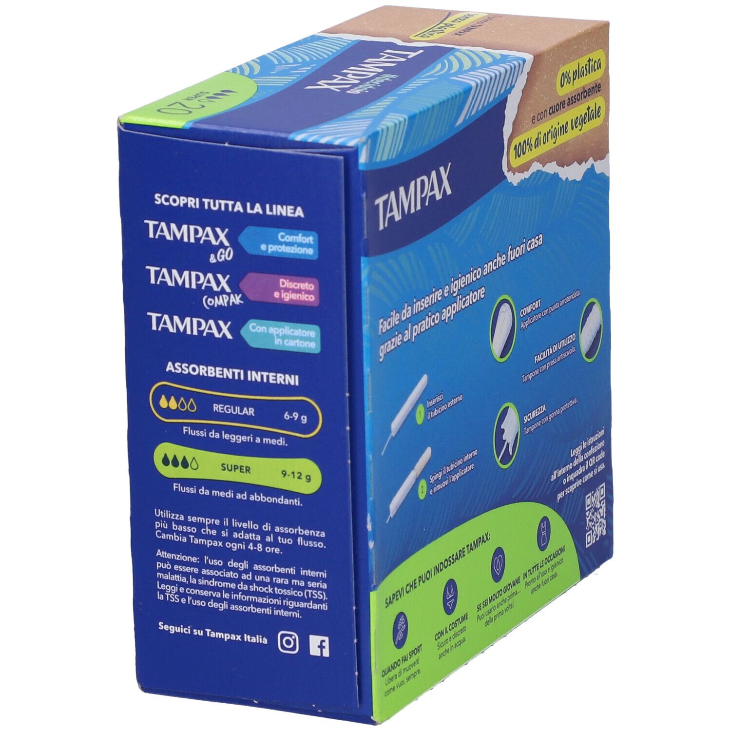 Scatola con logo TAMPAX. Informazioni sui diversi livelli di assorbenza. Testo sull'uso dei tamponi.