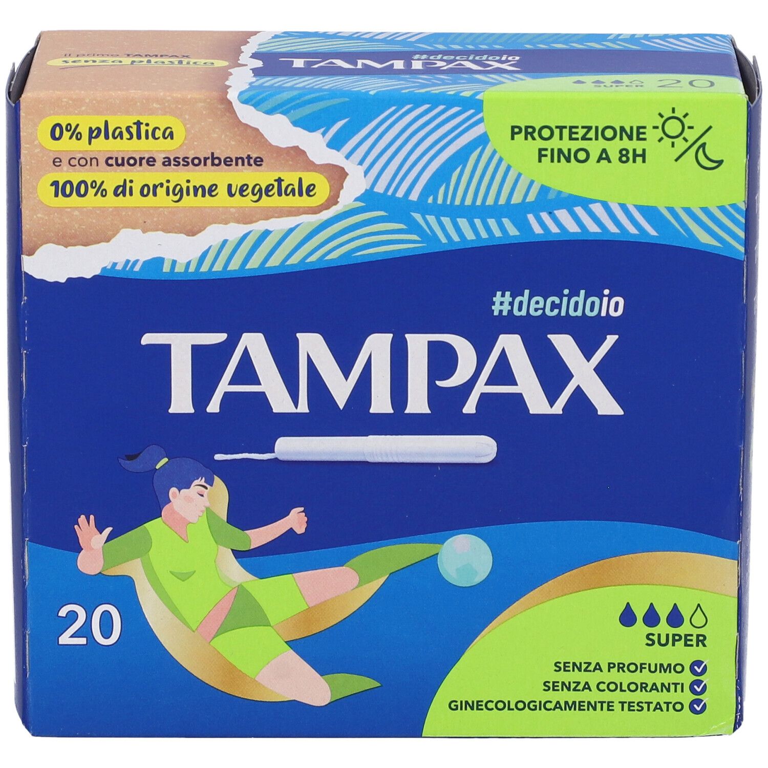 Scatola blu e verde TAMPAX con 20 tamponi. Scritto: Super, senza profumo, senza coloranti, testato ginecologicamente.
