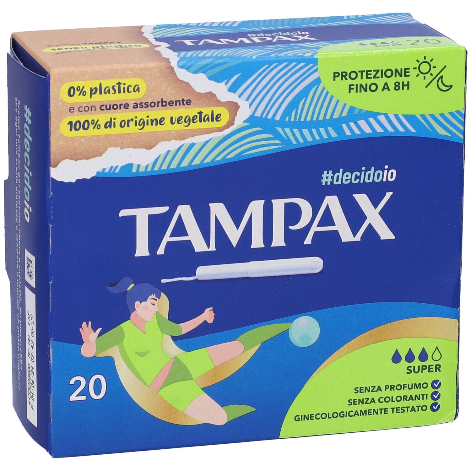 Scatola blu e verde TAMPAX con 20 tamponi. Scritto: Super, senza profumo, senza coloranti, testato ginecologicamente.