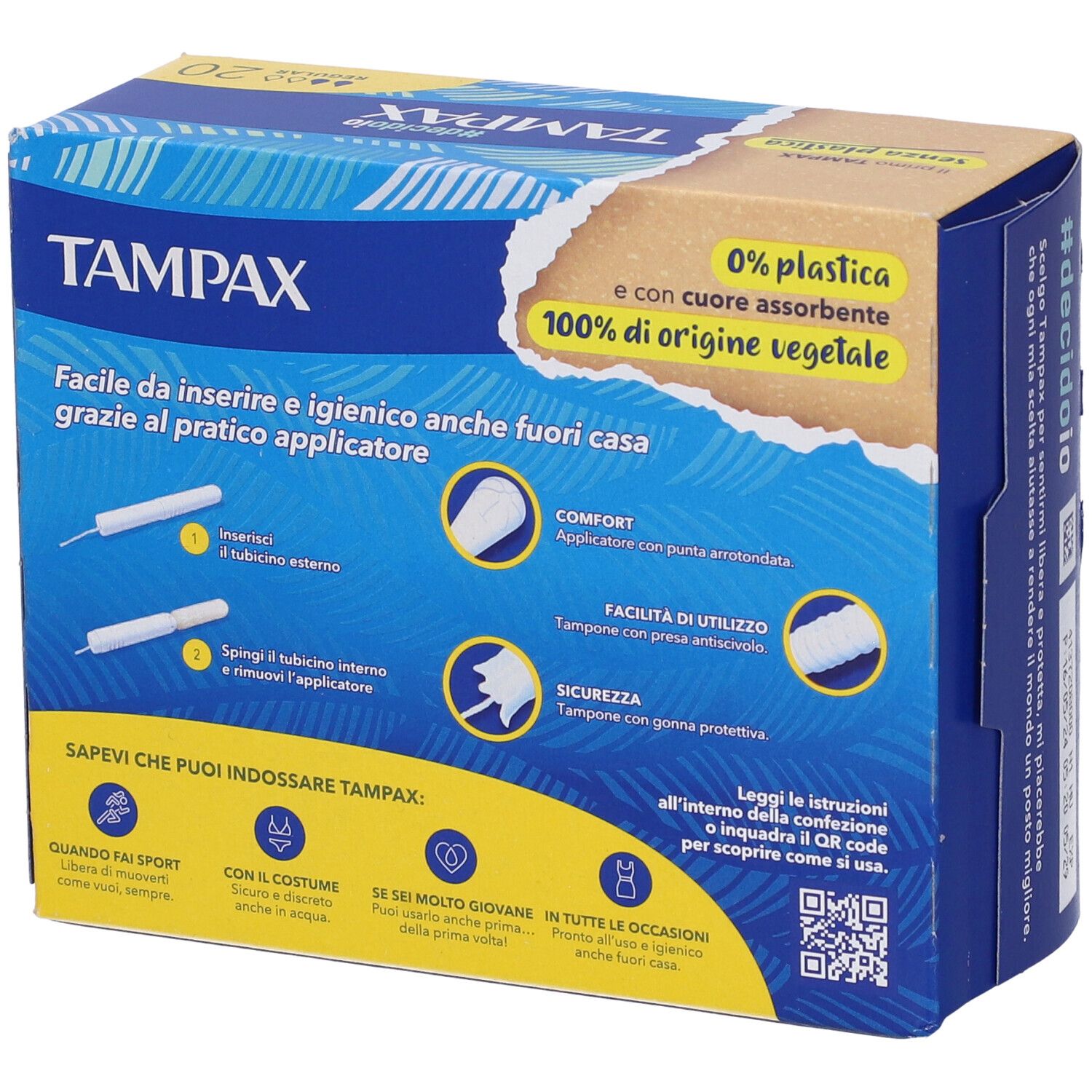 Rückseite der TAMPAX®-Packung. Abbildungen: Anwendung, Komfort, einfache Anwendung, Sicherheit. Text: 0% Plastik, 100% pflanzlichen Ursprungs.