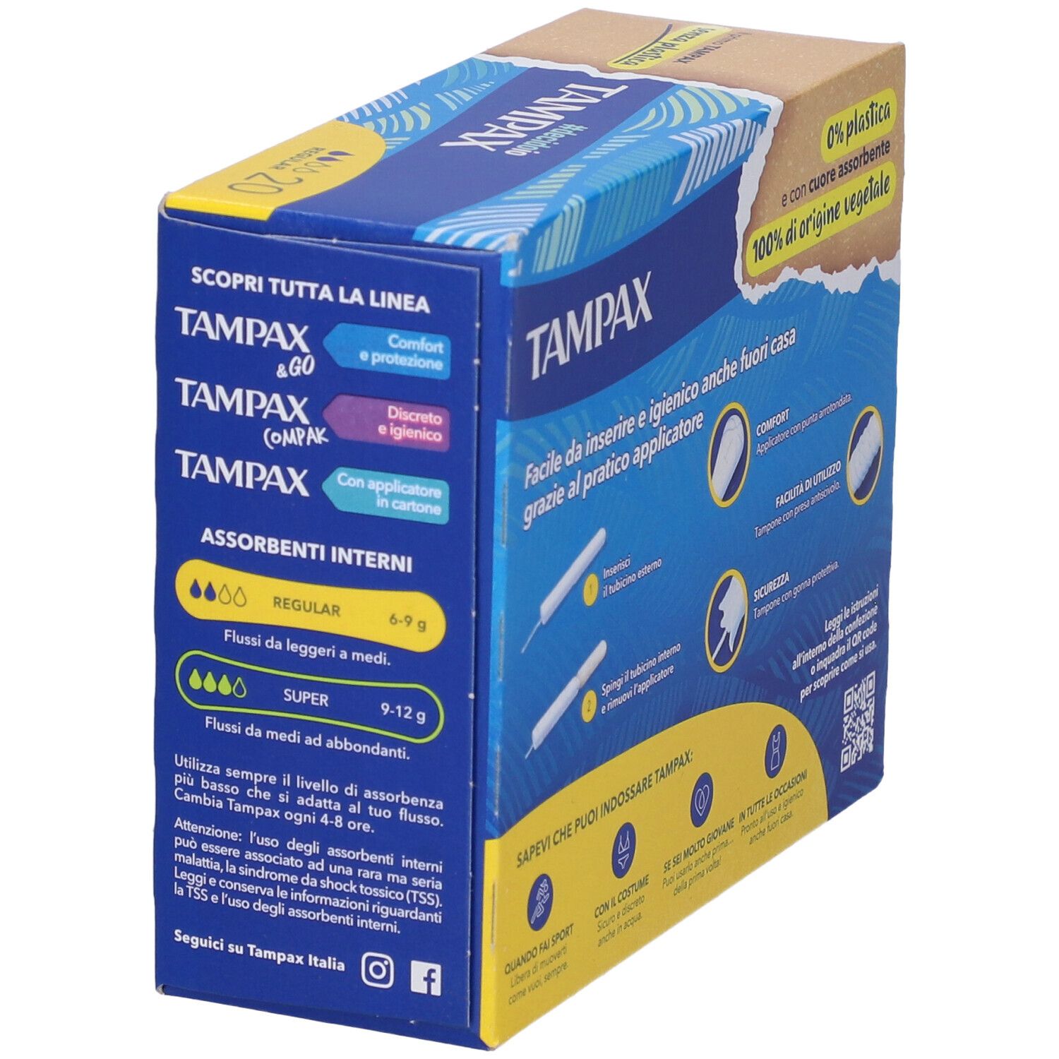 Schräg gestellte TAMPAX®-Packung. Aufdrucke: TAMPAX, Regular, Super. Text: 0% Plastik, 100% pflanzlichen Ursprungs. Informationen zu Saugfähigkeit.