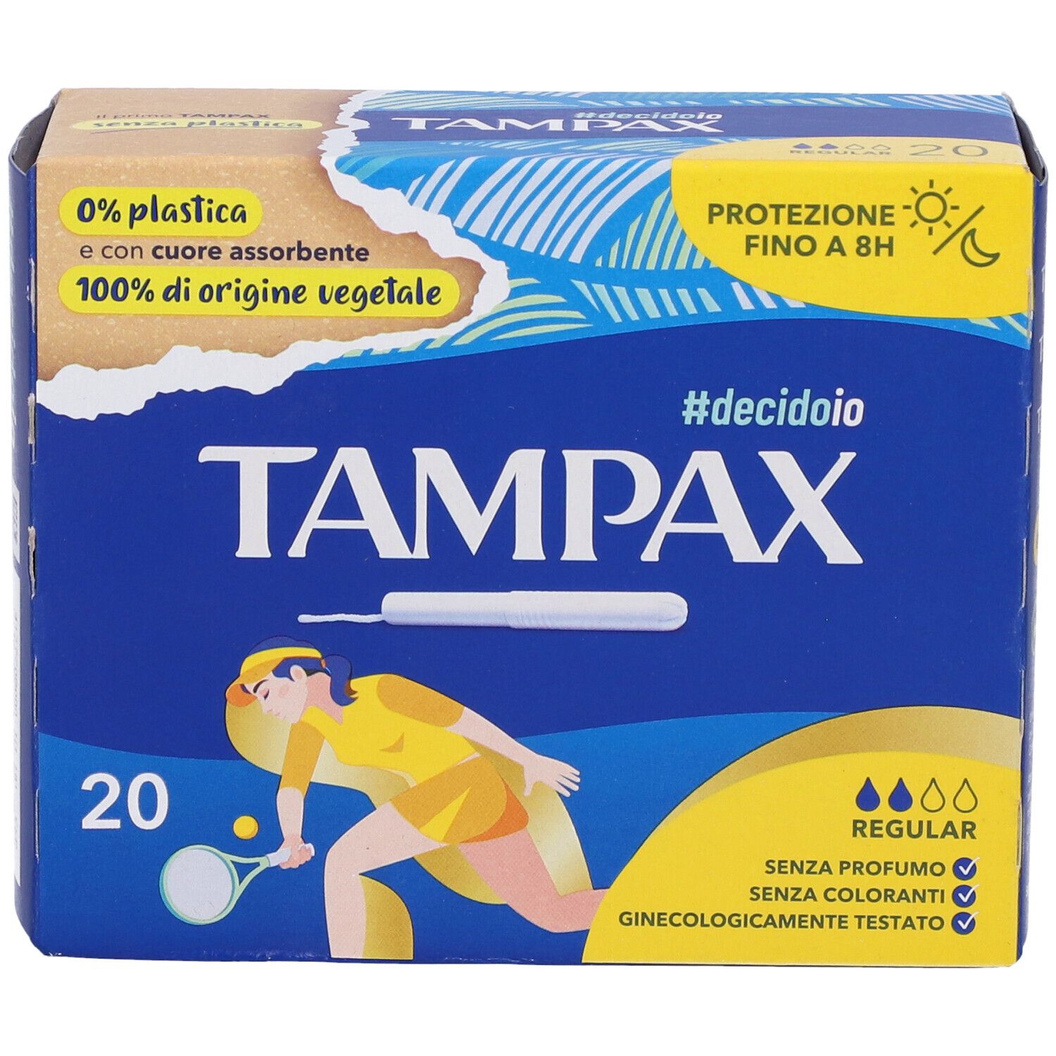 Vorderansicht der TAMPAX®-Packung. Aufdrucke: #decidoio, 0% Plastik, 100% pflanzlichen Ursprungs, bis zu 8 Stunden Schutz, Regular. 20 Stück.
