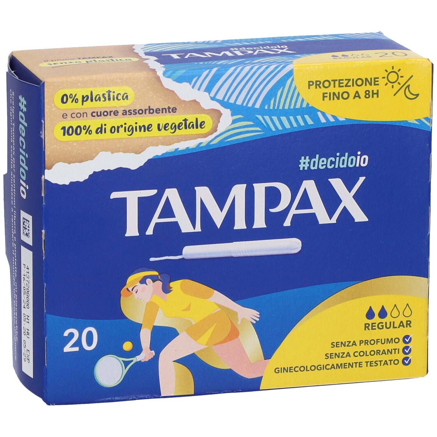 Vorderansicht der TAMPAX®-Packung. Aufdrucke: #decidoio, 0% Plastik, 100% pflanzlichen Ursprungs, bis zu 8 Stunden Schutz, Regular. 20 Stück.