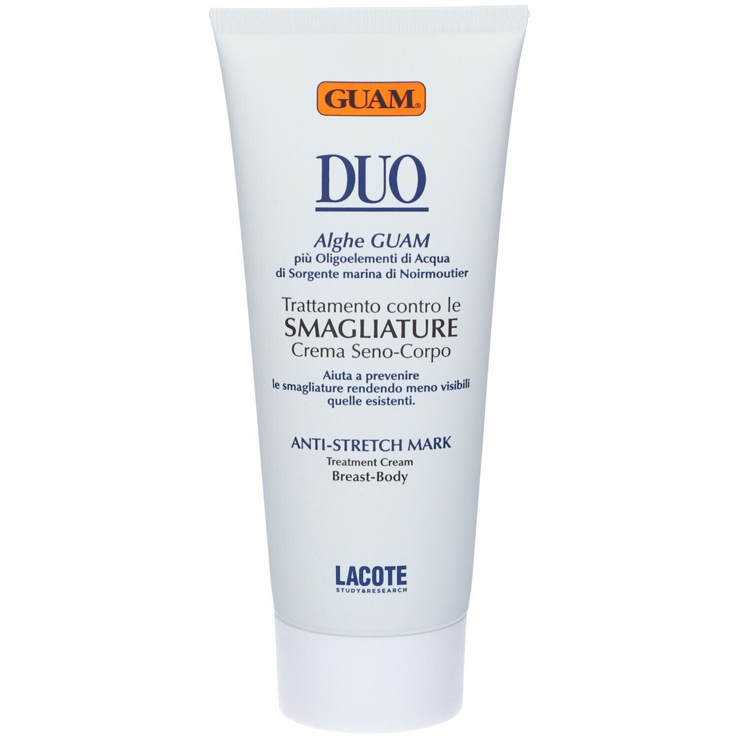 GUAM Duo Creme. Weiße Tube. Text: Duo, Anti-Dehnungsstreifen, Creme für Brust und Körper.