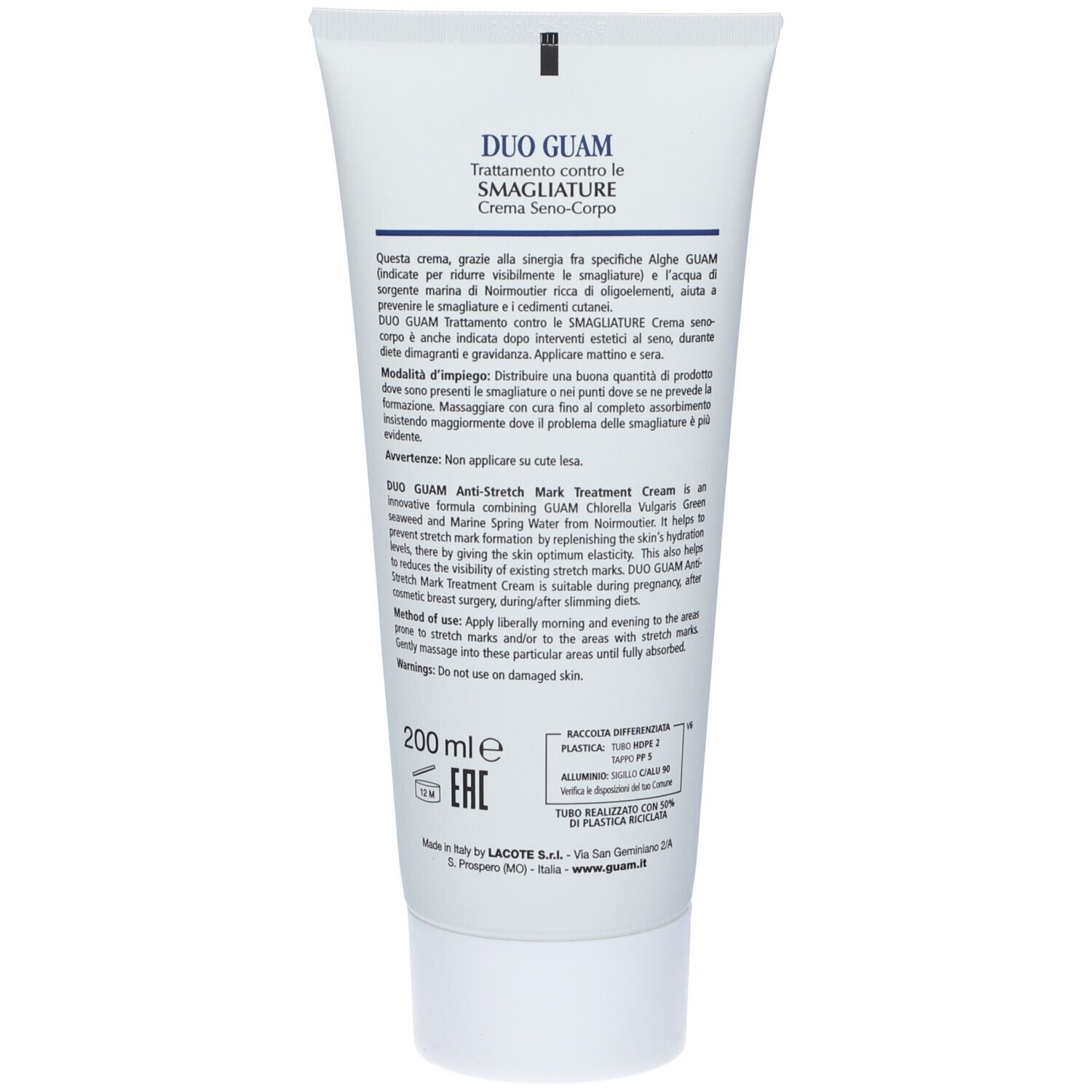 Rückseite der GUAM Duo Creme Tube. Text: 200 ml, Inhaltsstoffe, Gebrauchsanweisung. Weißer Hintergrund.