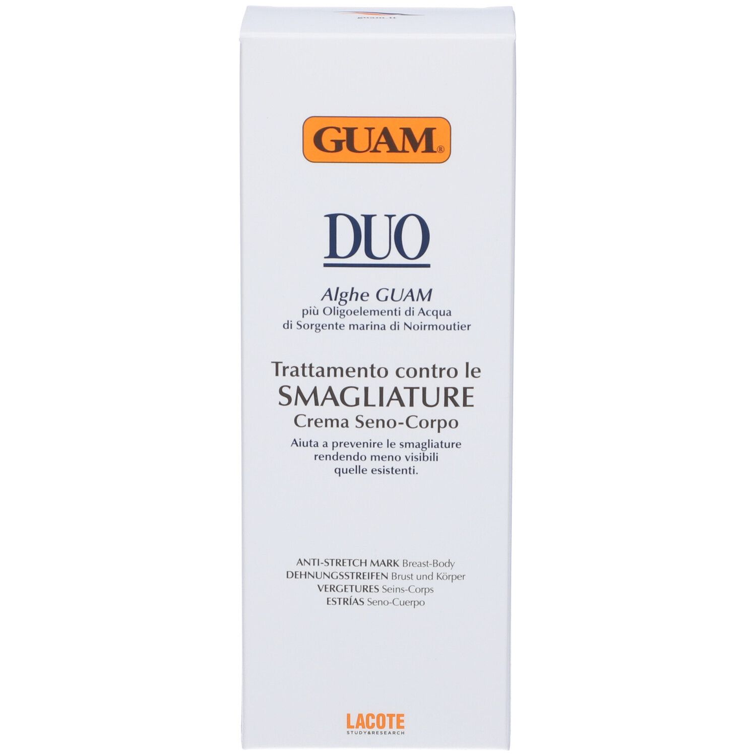 GUAM Duo Creme Schachtel. Text: Duo, Anti-Dehnungsstreifen, Creme für Brust und Körper. Weiß.