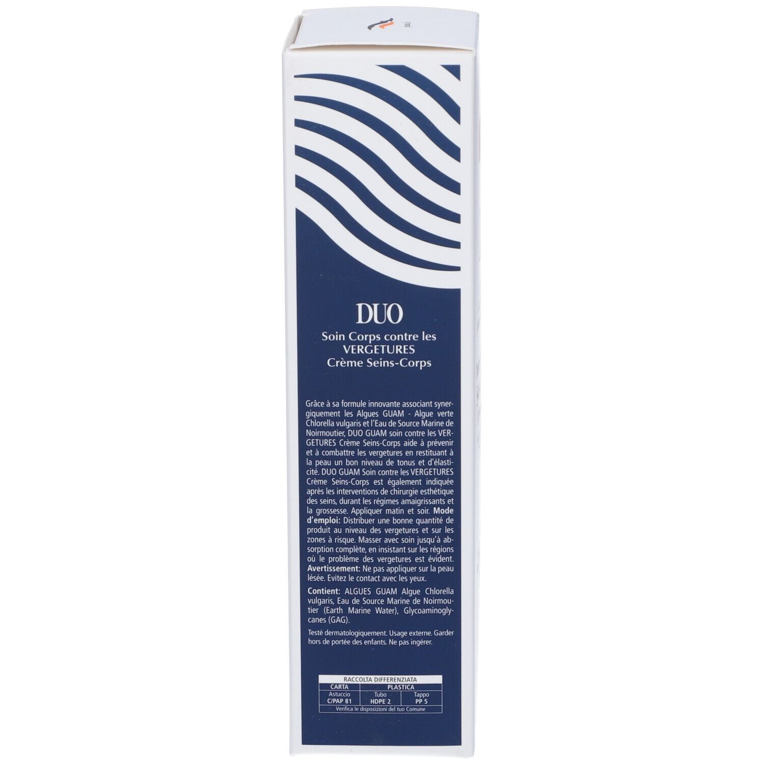 Seite der GUAM Duo Creme Schachtel. Text: Duo, Creme für Vergetures, Inhaltsstoffe, Gebrauchsanweisung.