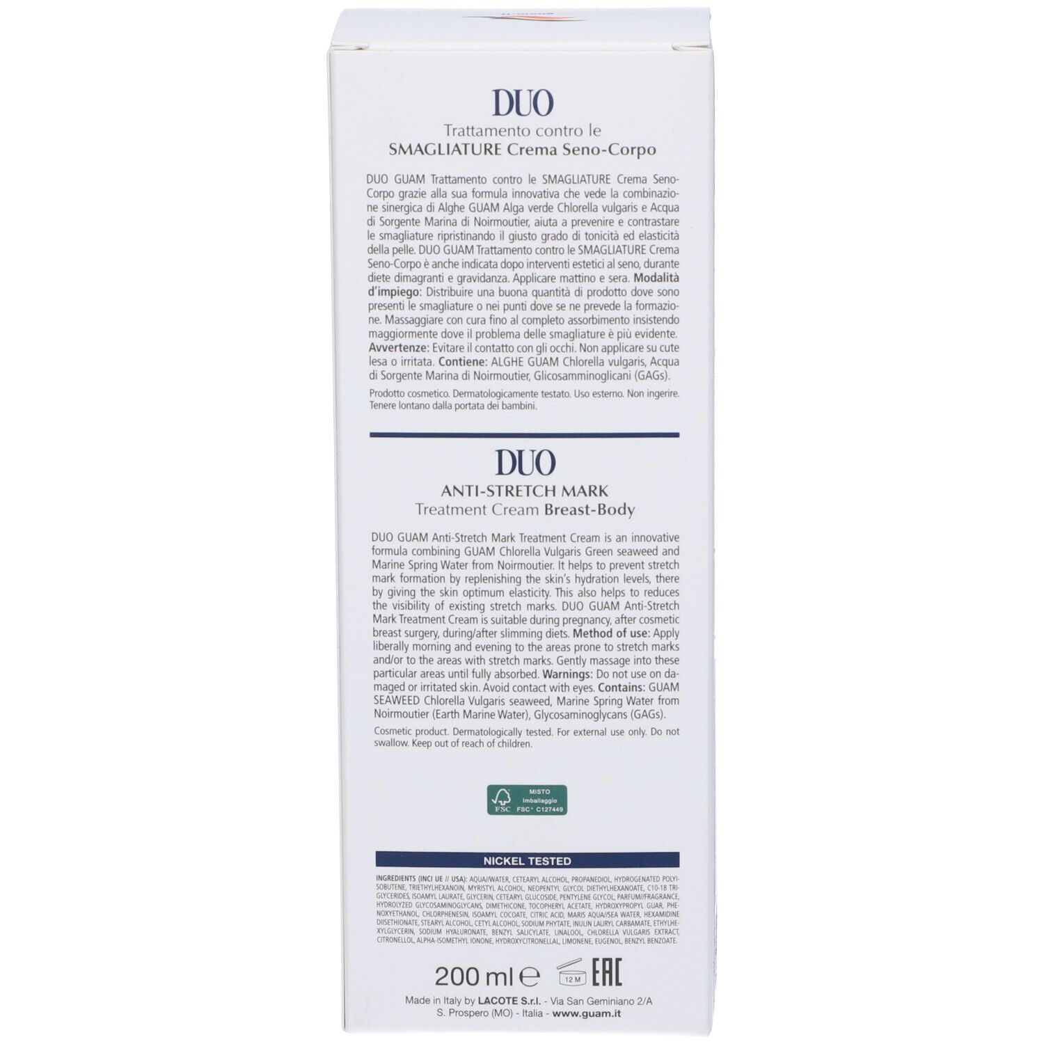 Rückseite der GUAM Duo Creme Schachtel. Text: Duo, Anti-Dehnungsstreifen, Inhaltsstoffe, Gebrauchsanweisung, 200 ml.