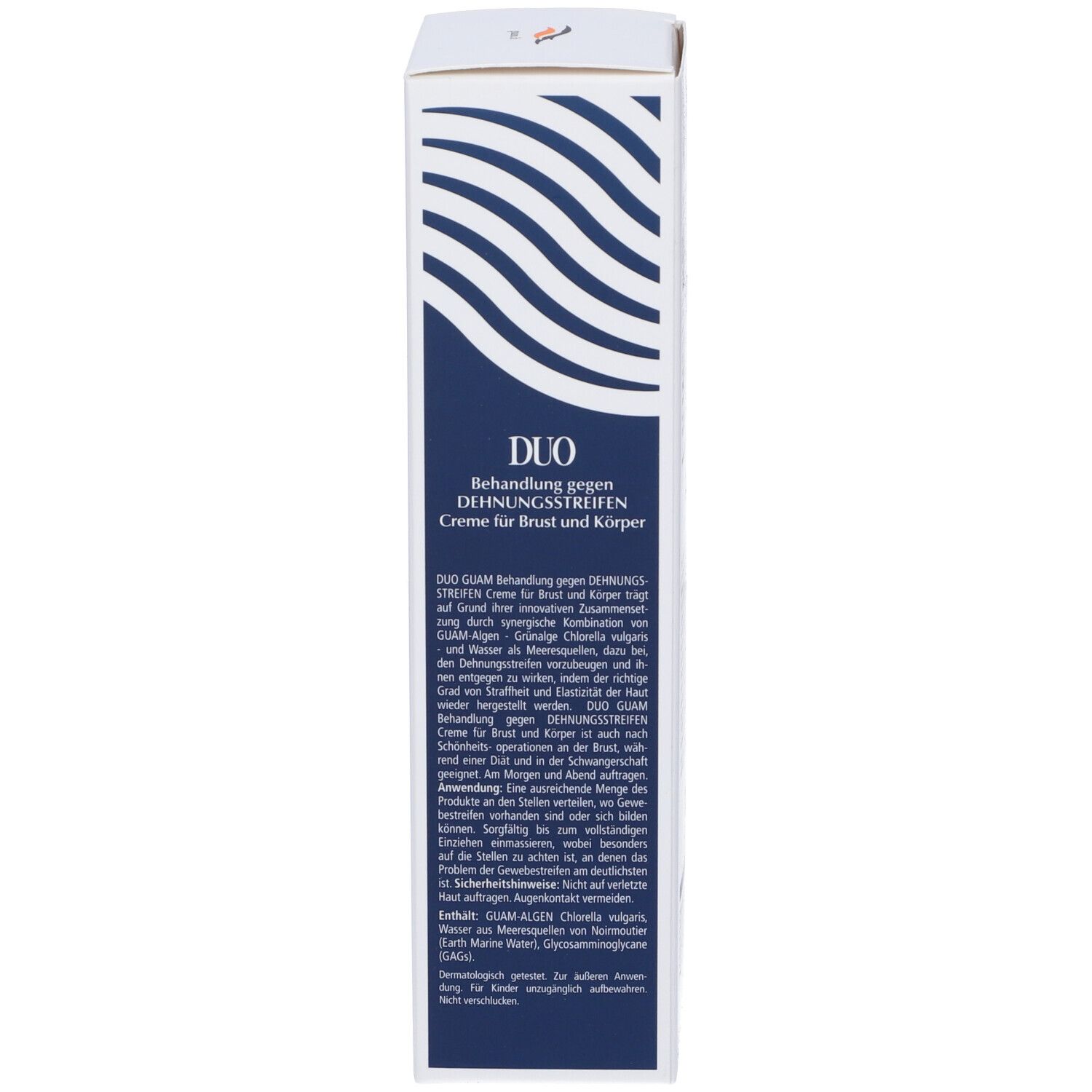 Seite der GUAM Duo Creme Schachtel. Text: Duo, Creme für Dehnungsstreifen, Inhaltsstoffe, Gebrauchsanweisung.