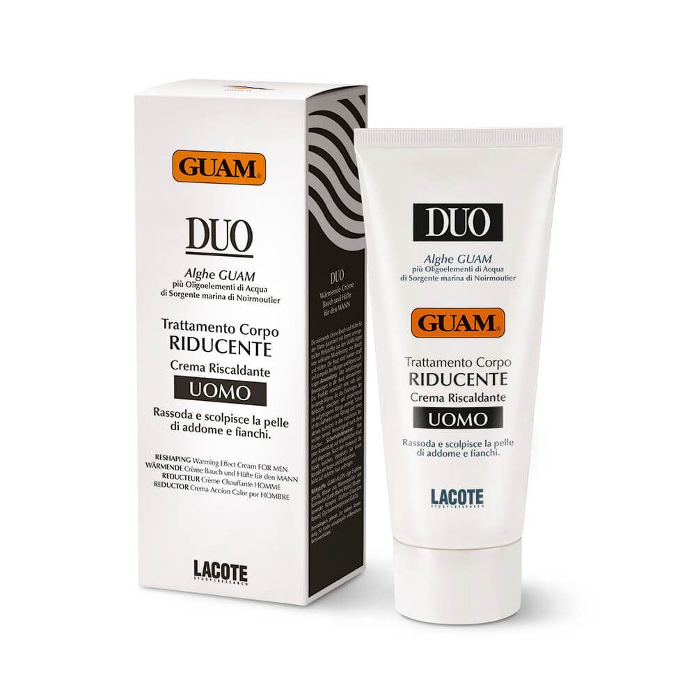 GUAM Duo Crème For Men. Tubo e scatola bianchi. Testo: DUO, Trattamento Corpo Riducente, Uomo. Lacote.