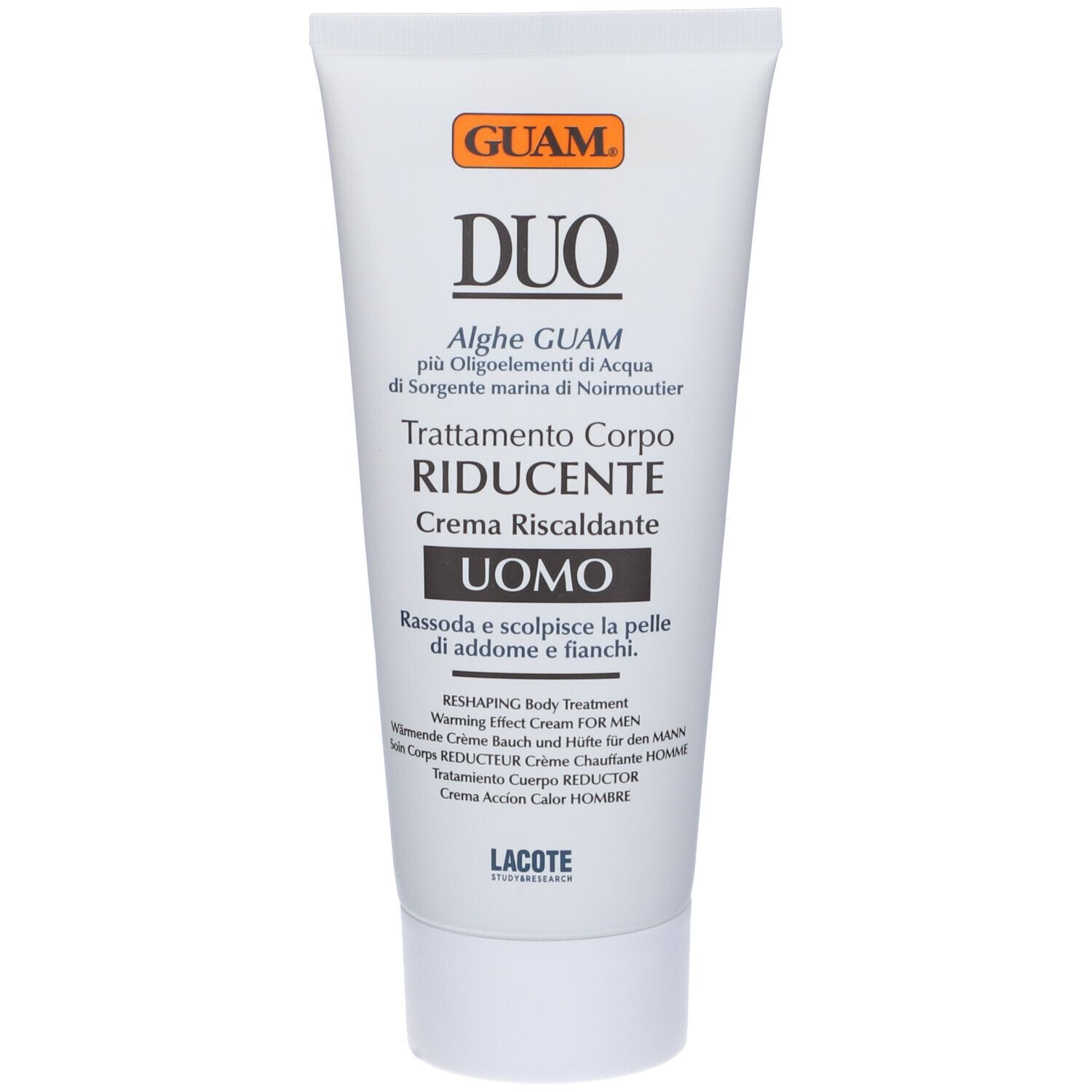 GUAM Duo Crème For Men. Tubo bianco. Testo: DUO, Trattamento Corpo Riducente, Uomo. Lacote.
