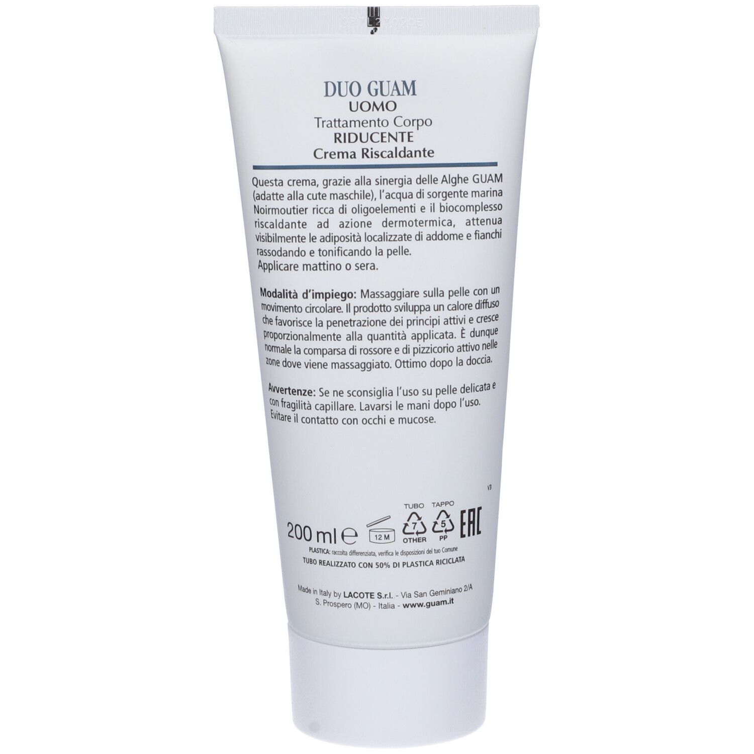 GUAM Duo Crème For Men. Retro del tubo. Testo: DUO, Trattamento Corpo Riducente, Uomo. 200 ml.