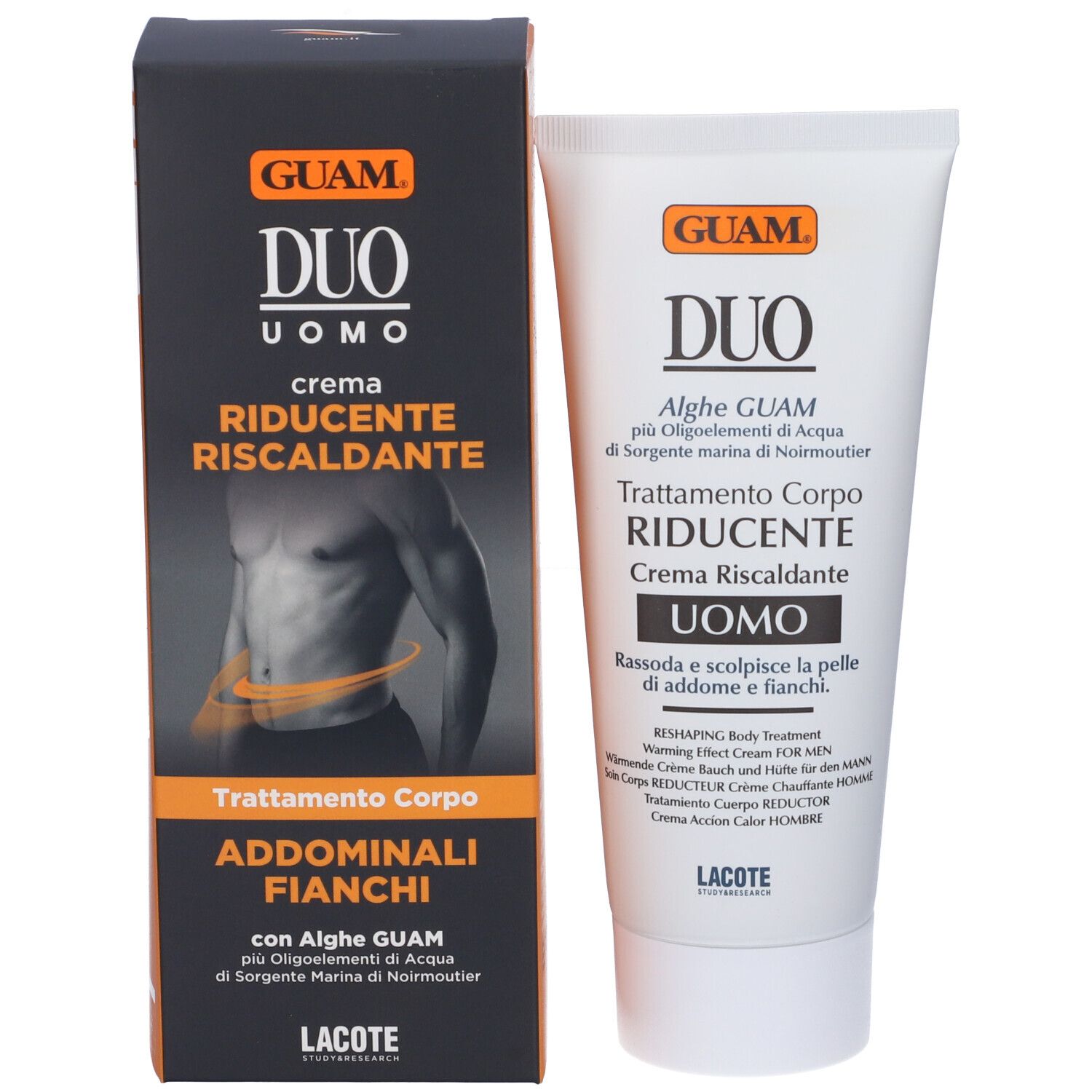 GUAM Duo Crème For Men. Prodotto e scatola. Testo: DUO, Trattamento Corpo Riducente, Uomo. Lacote.