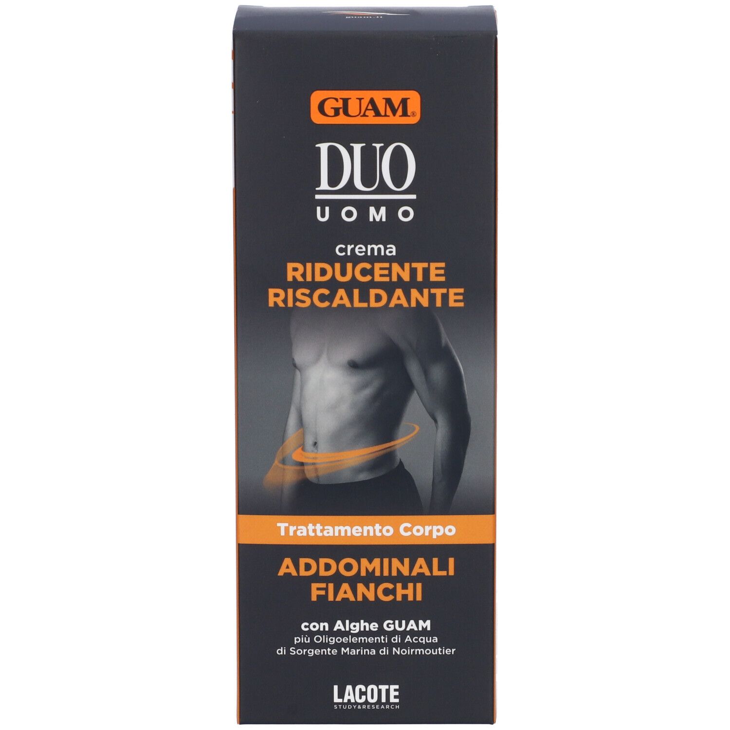 GUAM Duo Crème For Men. Scatola. Testo: DUO, Trattamento Corpo Riducente, Uomo. Lacote.
