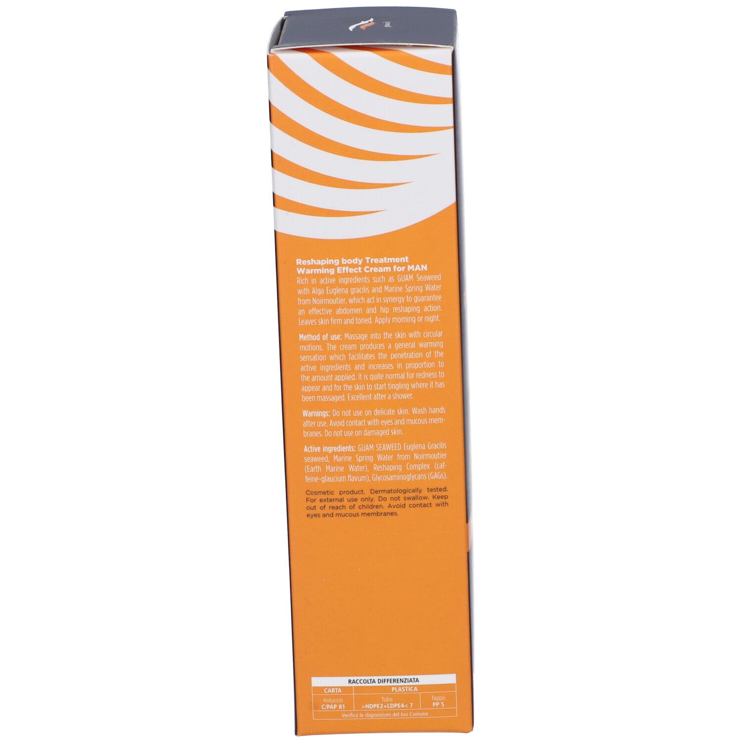 GUAM Duo Crème For Men. Lato della scatola. Testo: RESHAPING Body Treatment, Warming Effect Cream.