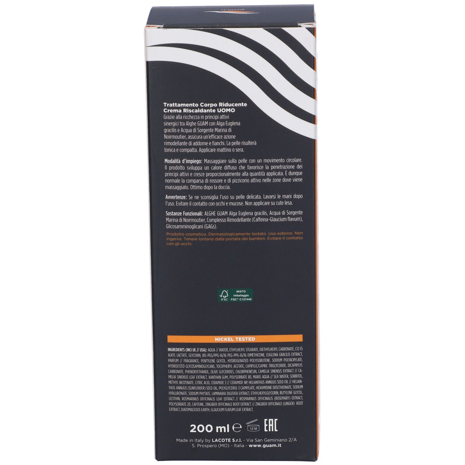 GUAM Duo Crème For Men. Retro della scatola. Testo: Trattamento Corpo Riducente, 200 ml, Ingredienti.