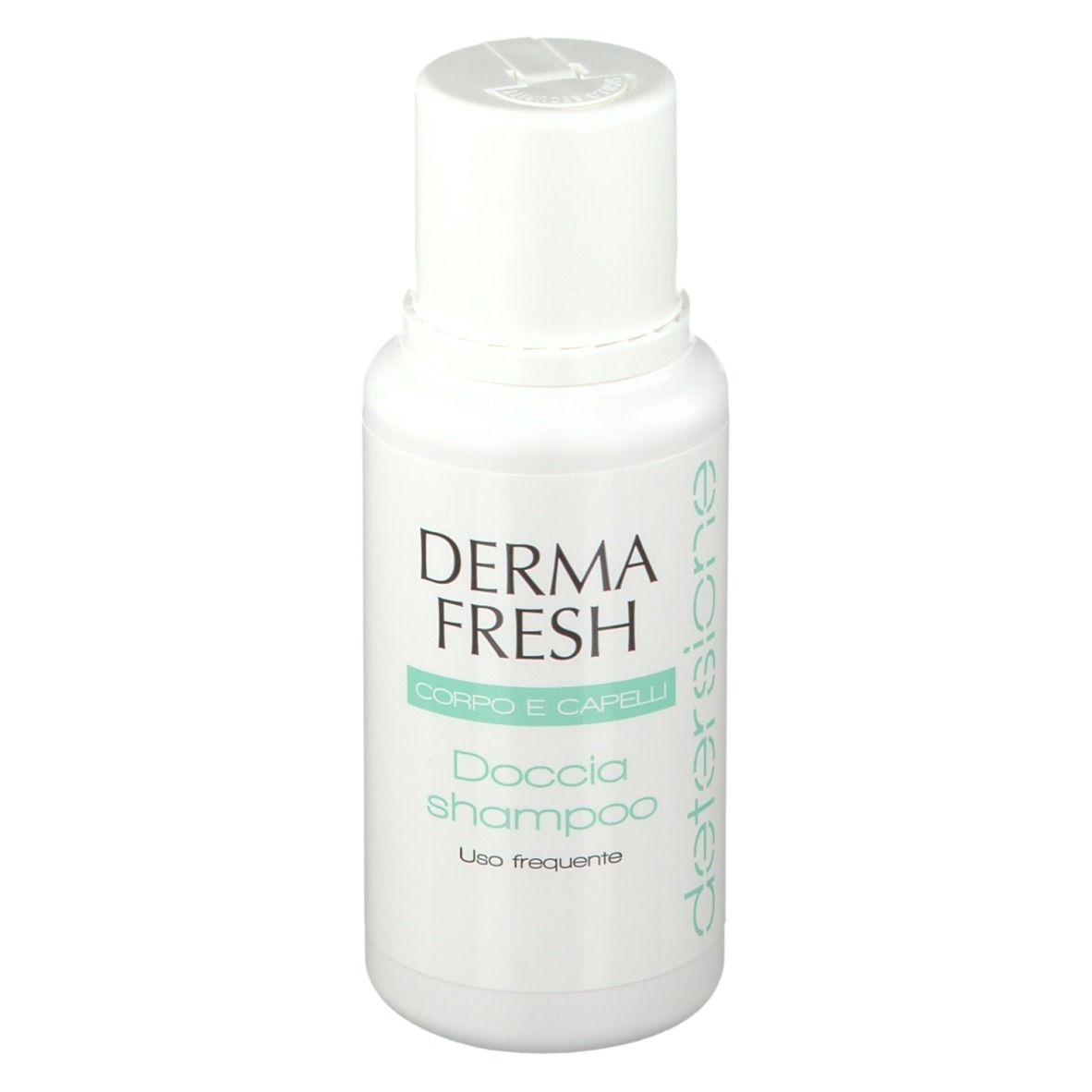 Flacone bianco con tappo bianco. Scritta: Derma Fresh, Corpo e Capelli, Doccia shampoo, Uso frequente.