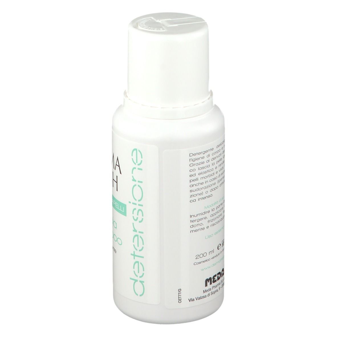 Retro di un flacone bianco. Testo: descrizione, istruzioni per l'uso, 200 ml, prodotto cosmetico.