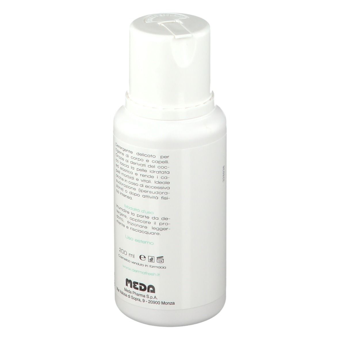 Retro di un flacone bianco. Testo: descrizione, istruzioni per l'uso, 200 ml, prodotto cosmetico.