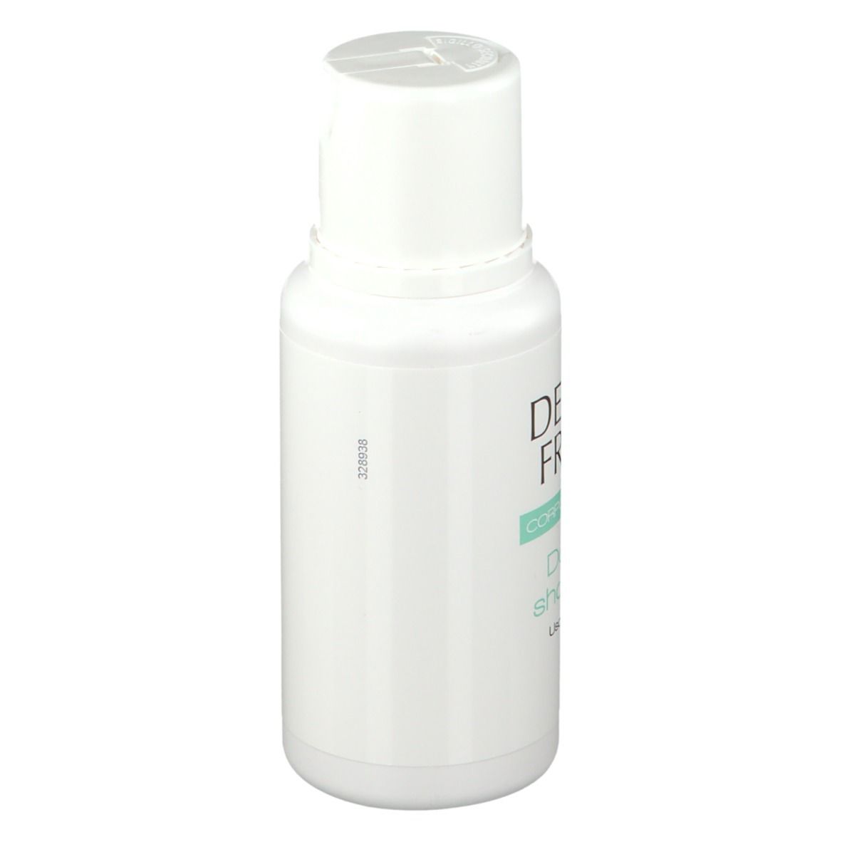 Retro di un flacone bianco. Testo: descrizione, istruzioni per l'uso, 200 ml, prodotto cosmetico.