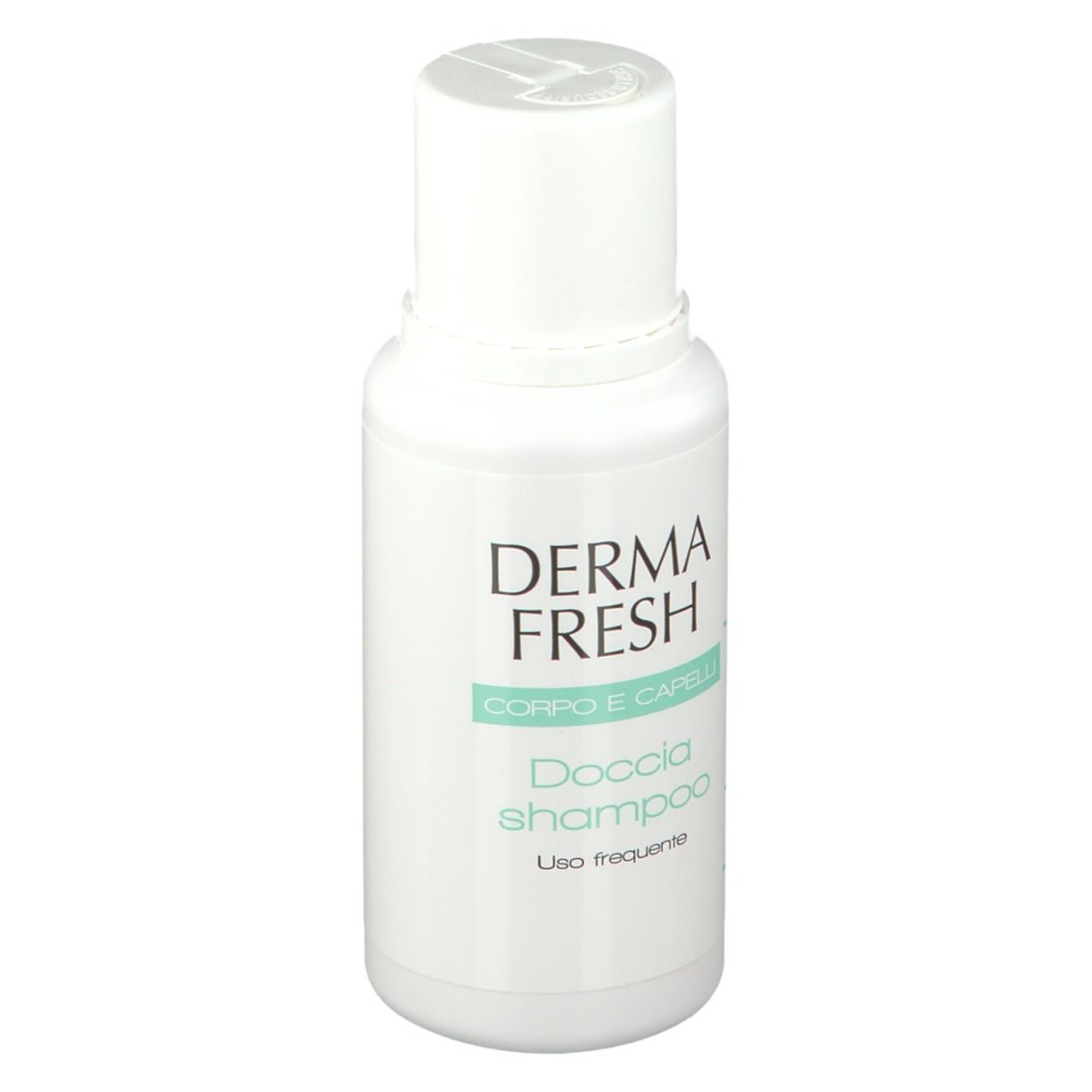 Flacone bianco con tappo bianco. Scritta: Derma Fresh, Corpo e Capelli, Doccia shampoo, Uso frequente.