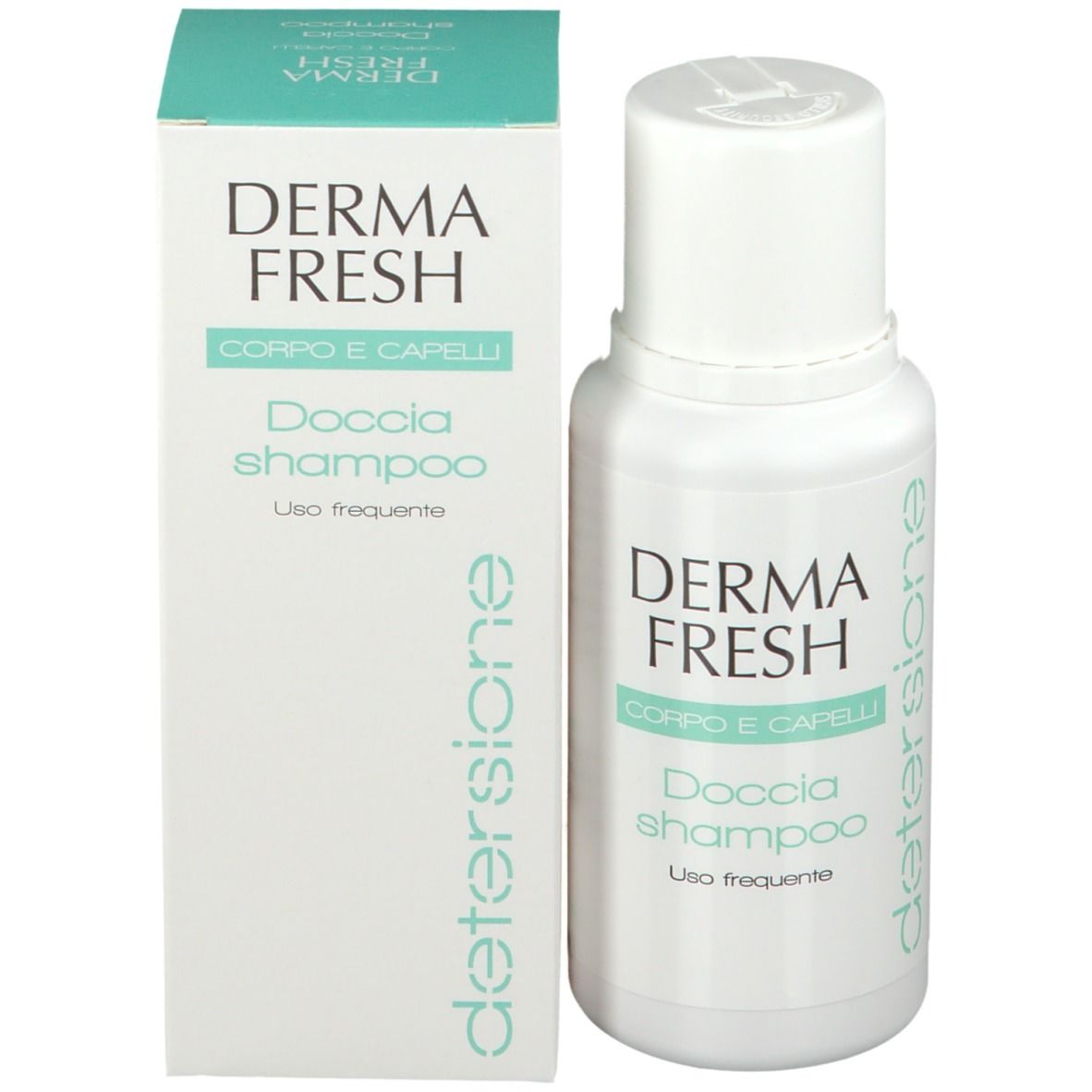 Confezione del prodotto con flacone e scatola. Scritta: Derma Fresh, Corpo e Capelli, Doccia shampoo, Uso frequente.