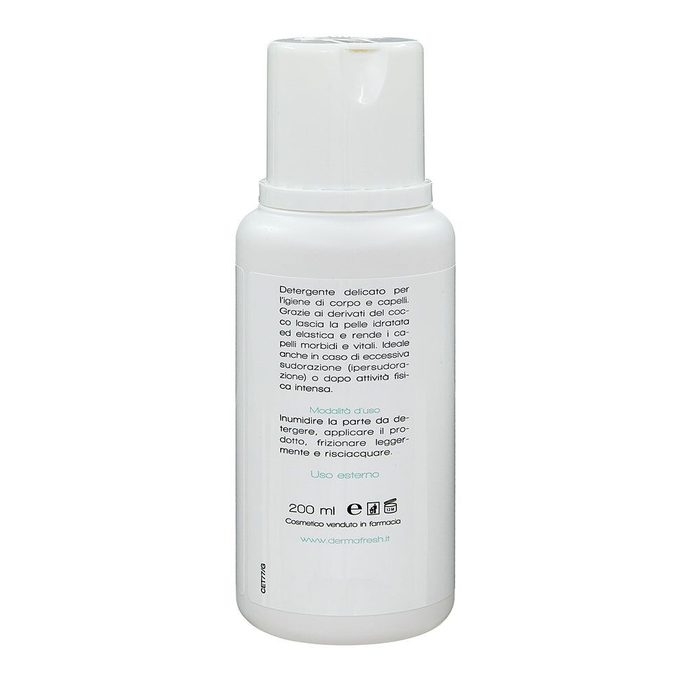 Retro di un flacone bianco. Testo: descrizione, istruzioni per l'uso, 200 ml, prodotto cosmetico.