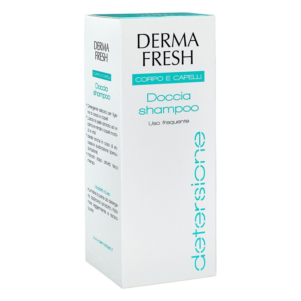 Scatola bianca con scritta: Derma Fresh, Corpo e Capelli, Doccia shampoo, Uso frequente. Accenti turchesi.