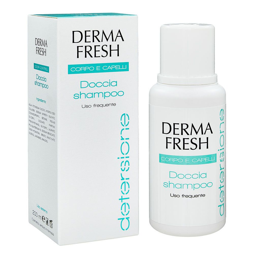 Confezione del prodotto con flacone e scatola. Scritta: Derma Fresh, Corpo e Capelli, Doccia shampoo, Uso frequente.