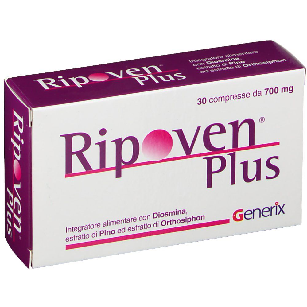 Scatola di Ripoven Plus. Scritta: 30 compresse da 700 mg. Marchio Generix. Confezione viola e bianca.