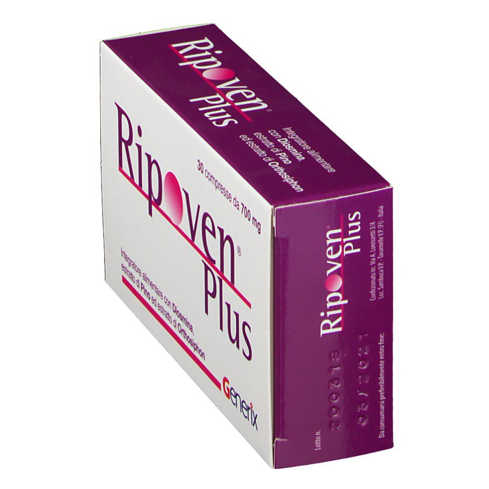 Scatola Ripoven Plus, in diagonale. Scritta: 30 compresse da 700 mg. Marchio Generix. Confezione viola e bianca.