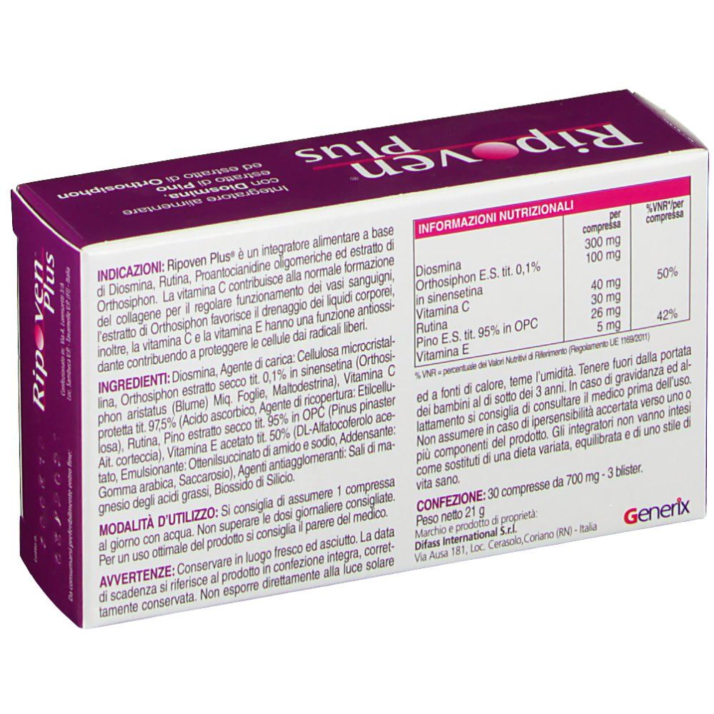 Retro della scatola Ripoven Plus. Testo con ingredienti e informazioni nutrizionali. Marchio Generix. Confezione viola e bianca.