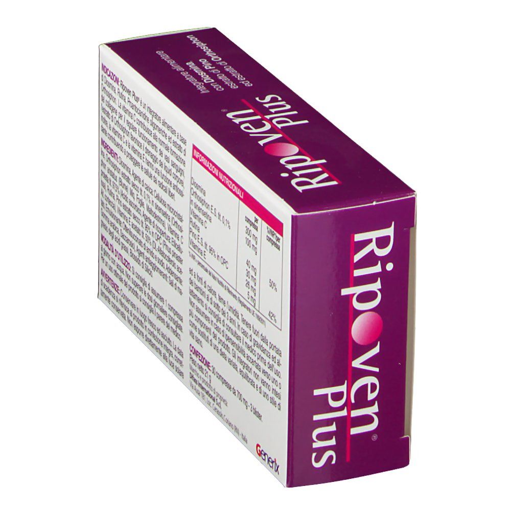 Scatola Ripoven Plus, in diagonale. Testo con ingredienti e informazioni nutrizionali. Marchio Generix. Confezione viola e bianca.