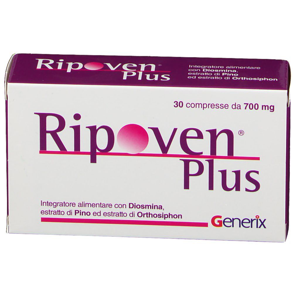 Scatola di Ripoven Plus. Scritta: 30 compresse da 700 mg. Marchio Generix. Confezione viola e bianca.