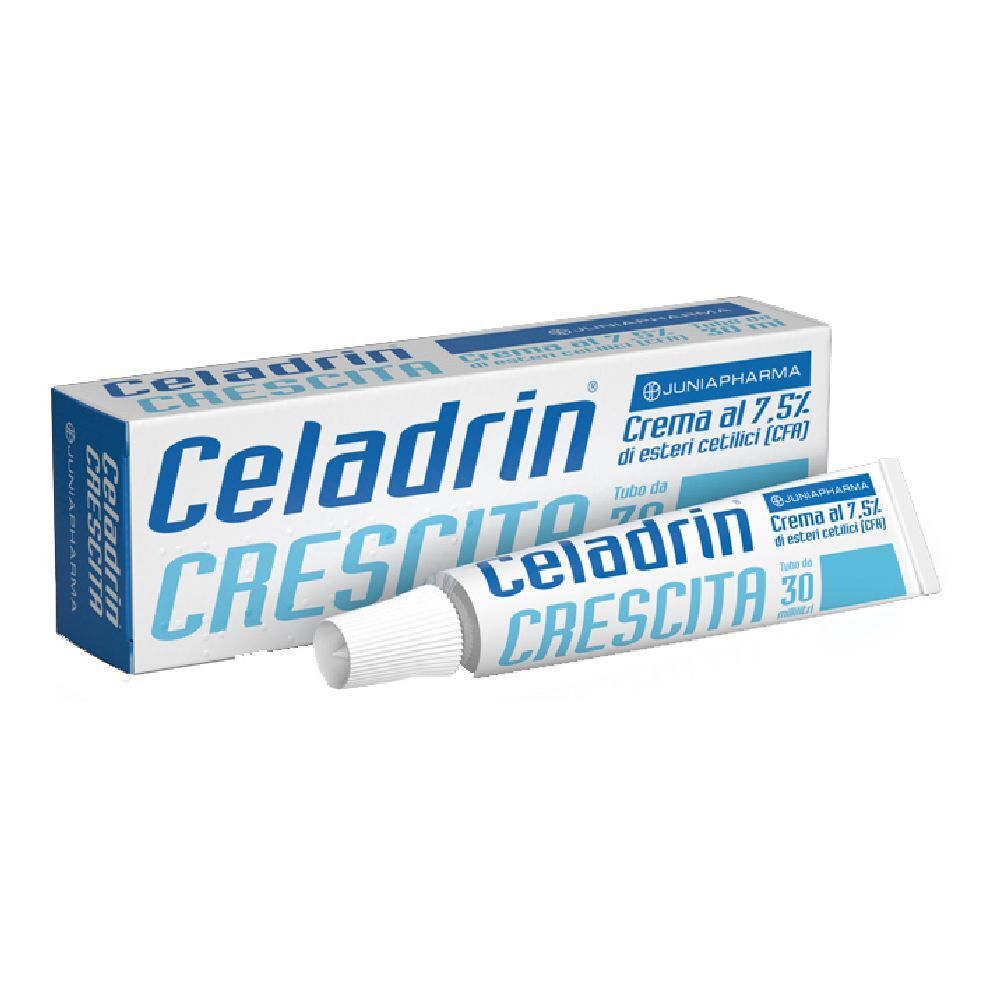 Scatola e tubo Celadrin Crescita. Scritta blu su sfondo bianco. Tubo con tappo a vite.