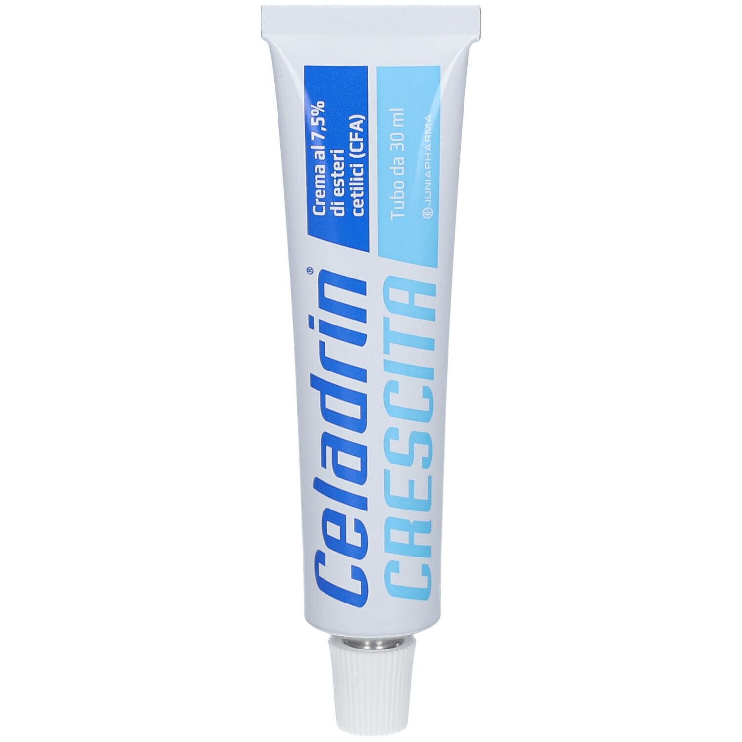 Tubo Celadrin Crescita. Scritta blu su sfondo bianco. Contiene 30 ml di crema.
