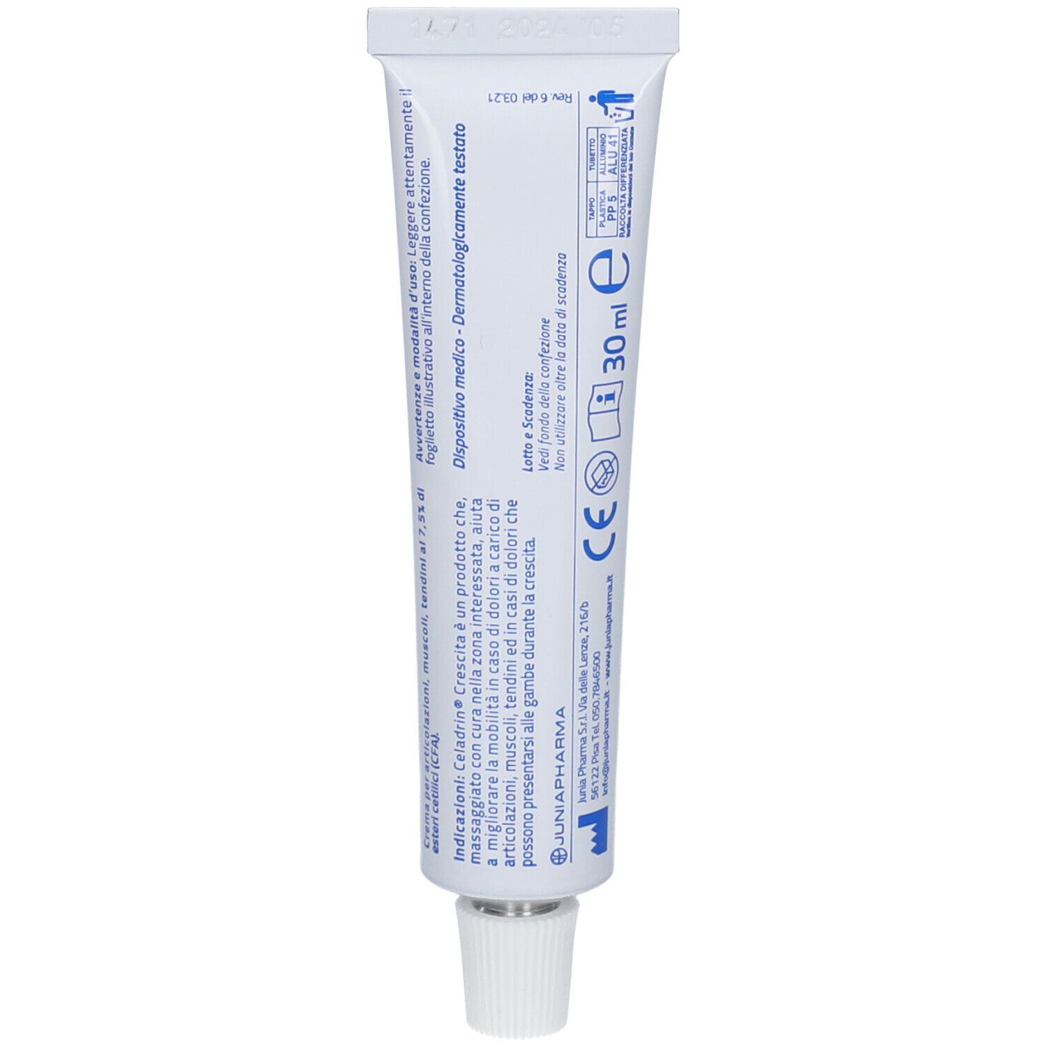 Retro del tubo Celadrin Crescita. Testo in italiano. 30 ml. Marchio CE.