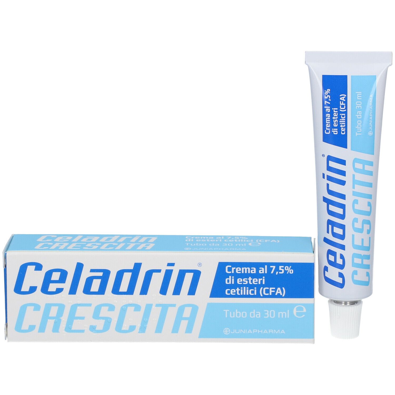 Scatola e tubo Celadrin Crescita. Scritta blu su sfondo bianco. 30 ml.