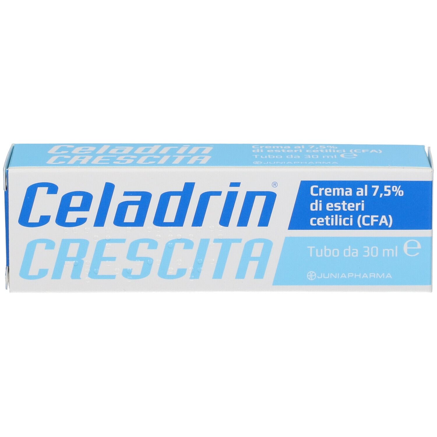 Scatola Celadrin Crescita. Scritta blu su sfondo bianco. 30 ml. Testo in italiano.