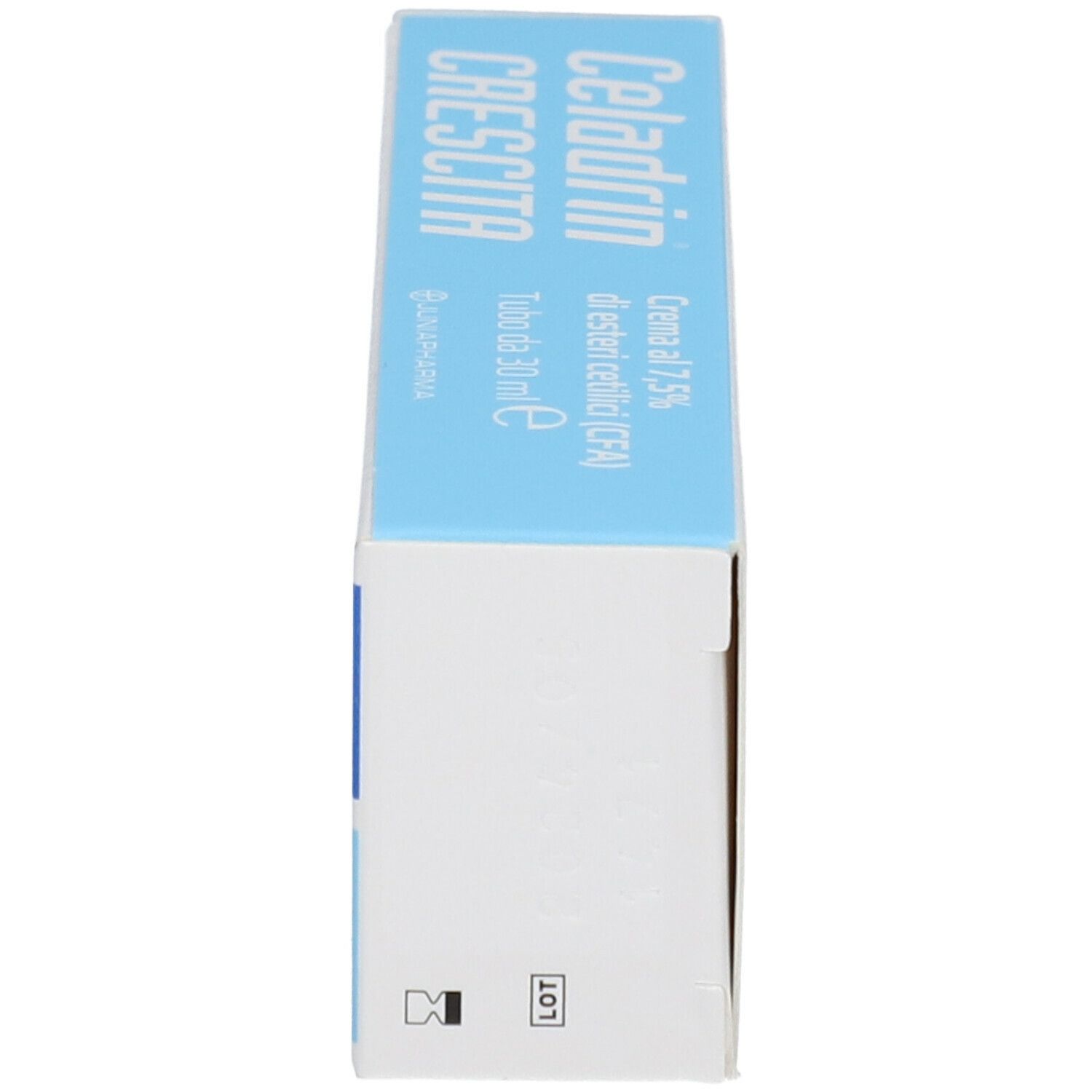 Scatola Celadrin Crescita. Scritta blu su sfondo bianco. Vista laterale. 30 ml.