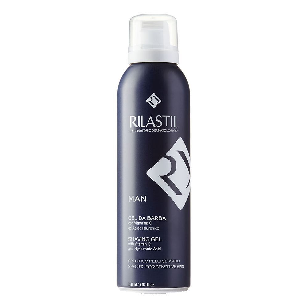 Flacone blu scuro con erogatore bianco. Scritte: Rilastil, Man, Gel da Barba, Shaving Gel. Specifico pelli sensibili.