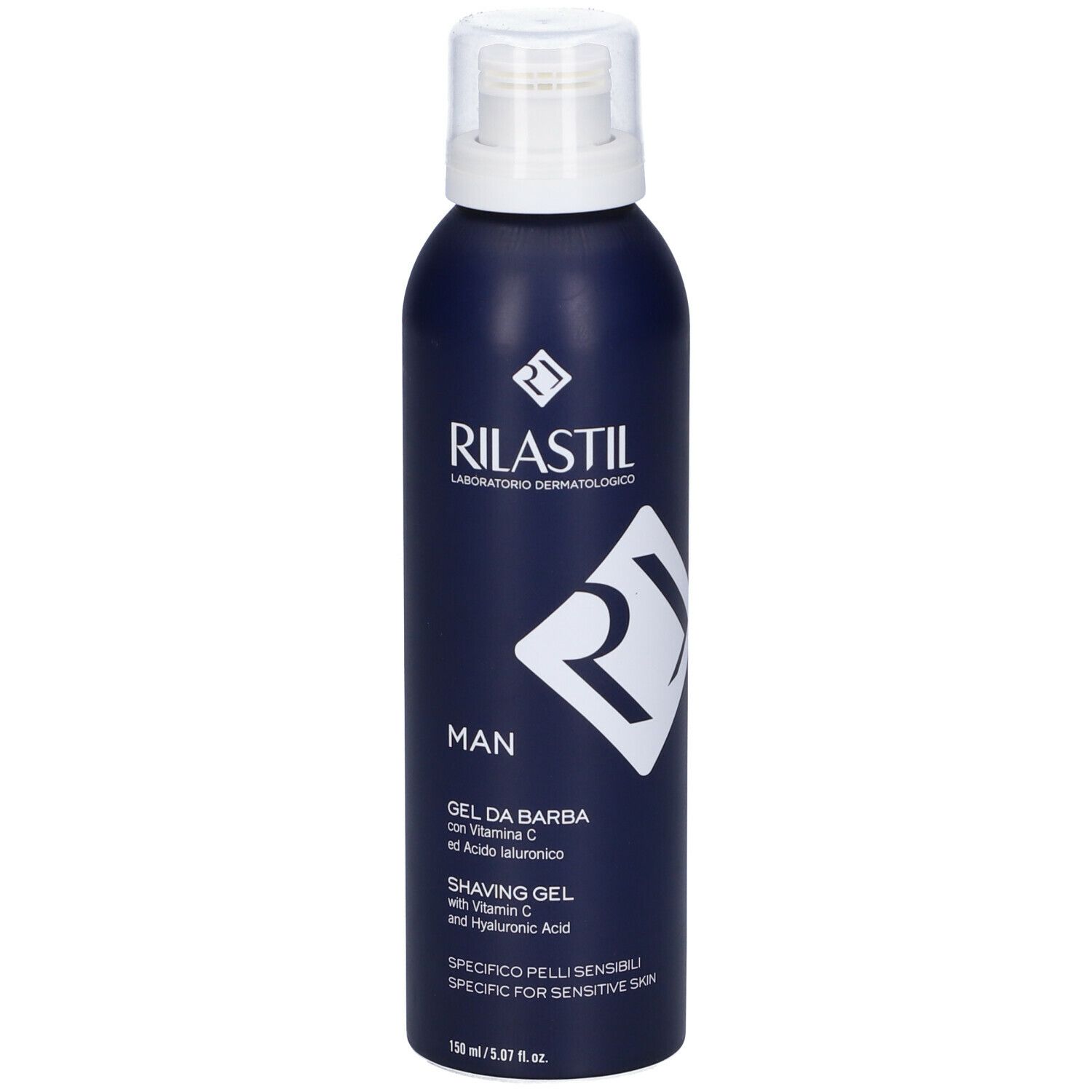 Flacone blu scuro con erogatore bianco. Scritte: Rilastil, Man, Gel da Barba, Shaving Gel. Specifico pelli sensibili.