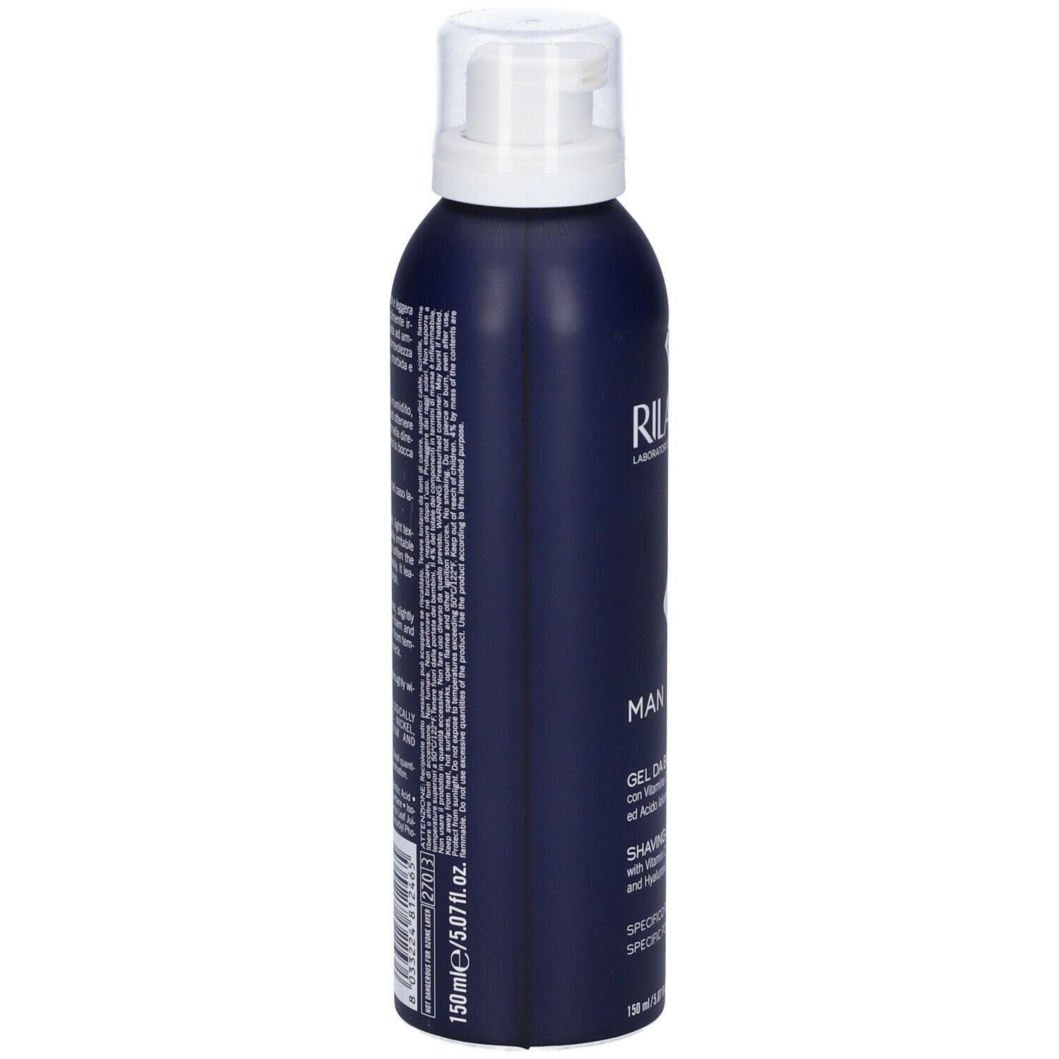 Flacone blu scuro con erogatore bianco. Scritte: Rilastil, Man, Gel da Barba, Shaving Gel. Specifico pelli sensibili.