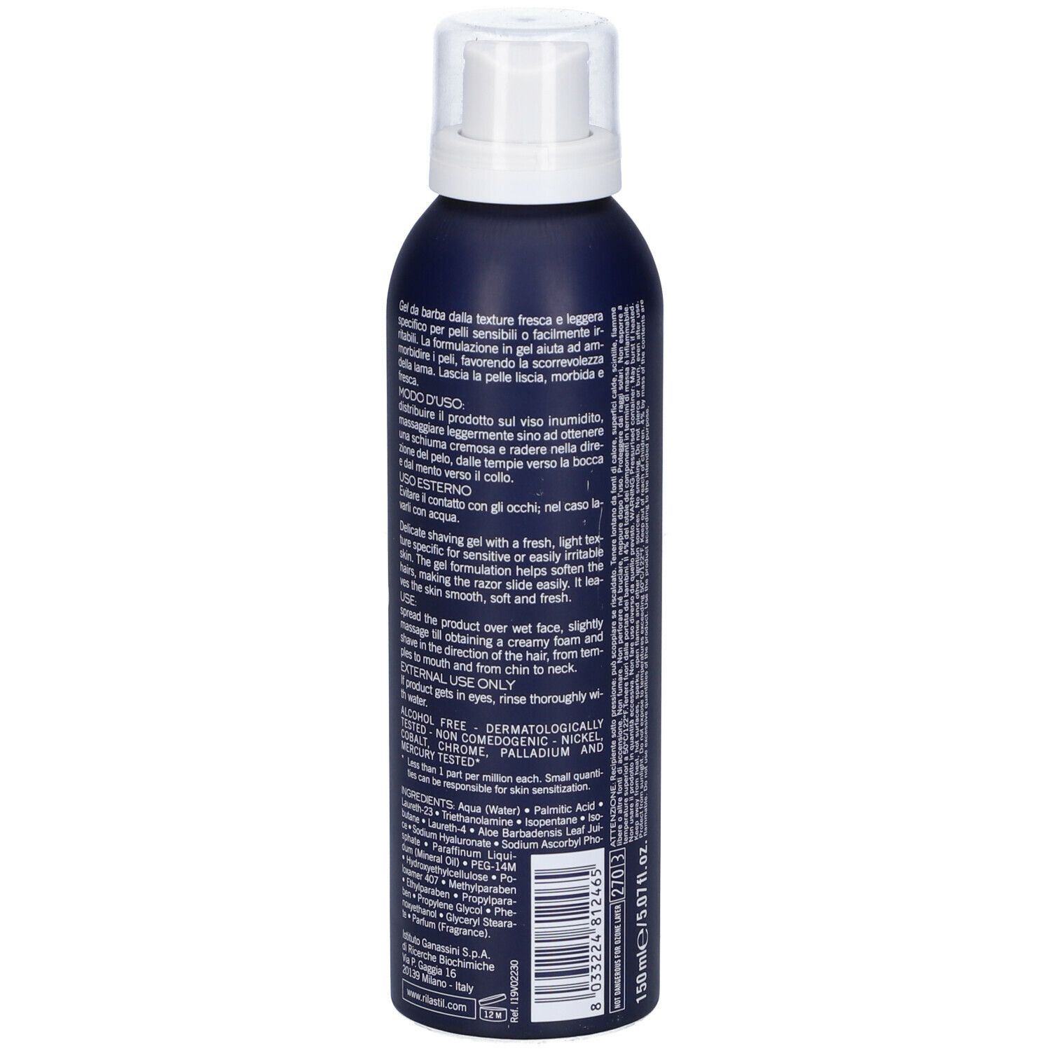 Flacone blu scuro con erogatore bianco. Scritte: Rilastil, Man, Gel da Barba, Shaving Gel. Specifico pelli sensibili.