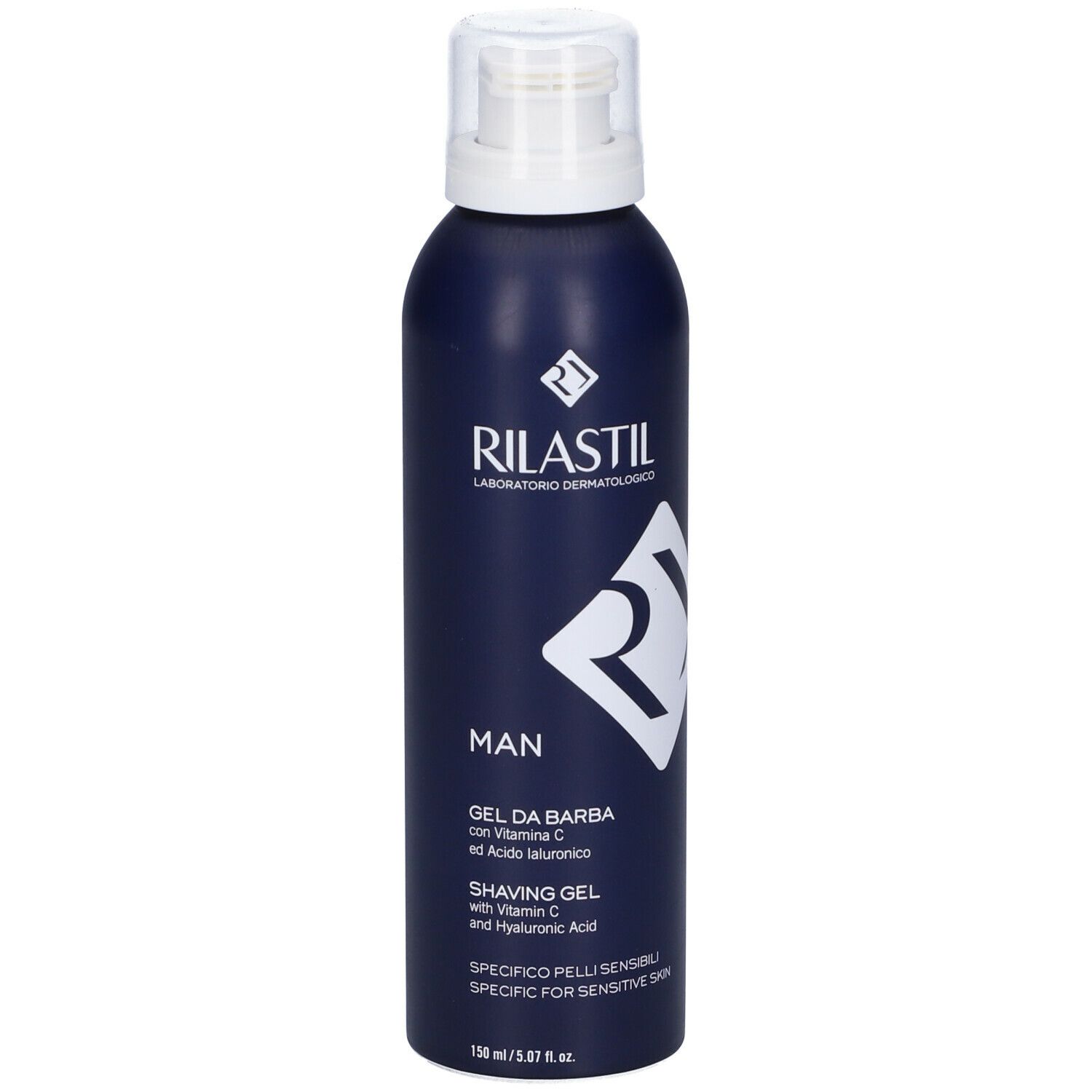 Flacone blu scuro con erogatore bianco. Scritte: Rilastil, Man, Gel da Barba, Shaving Gel. Specifico pelli sensibili.