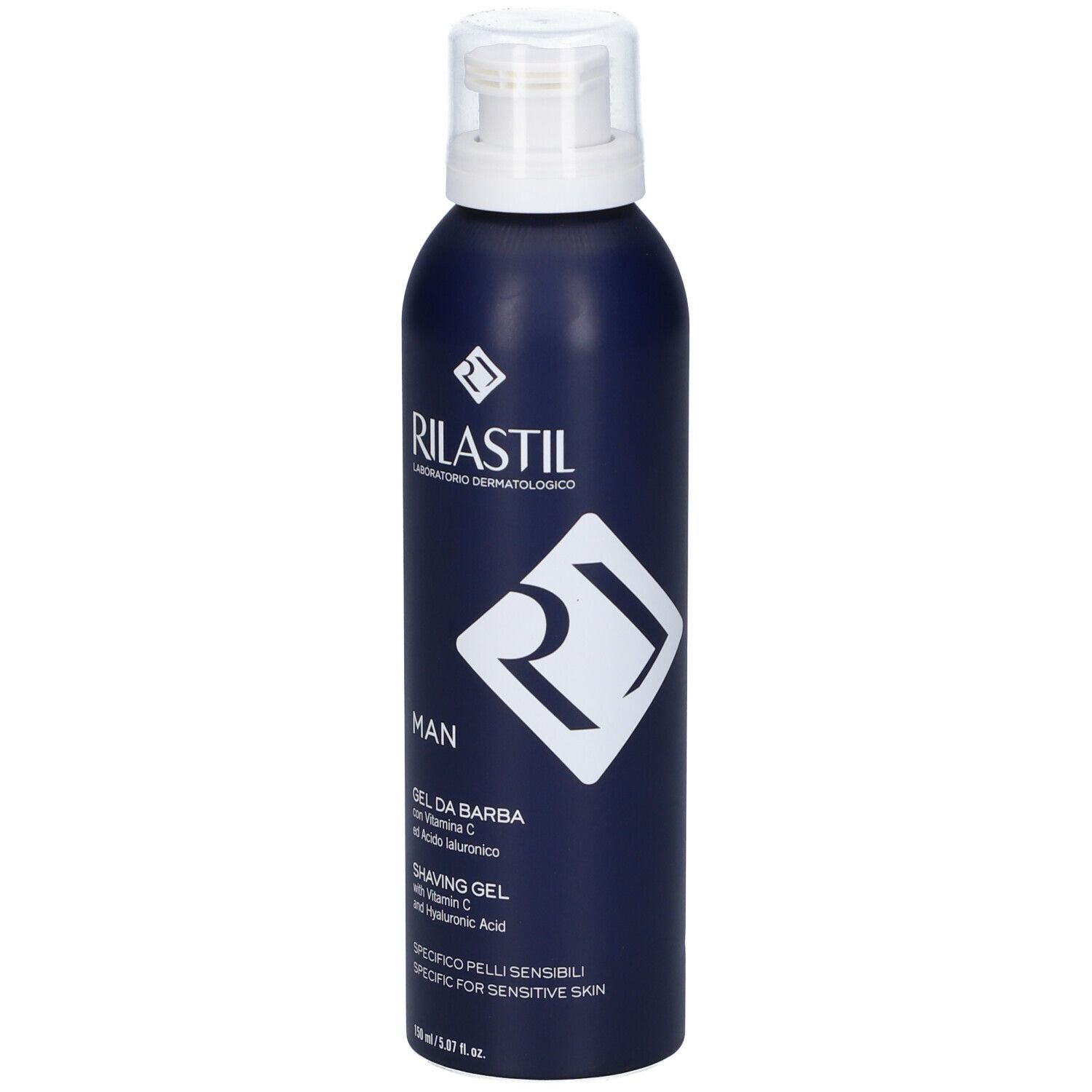 Flacone blu scuro con erogatore bianco. Scritte: Rilastil, Man, Gel da Barba, Shaving Gel. Specifico pelli sensibili.