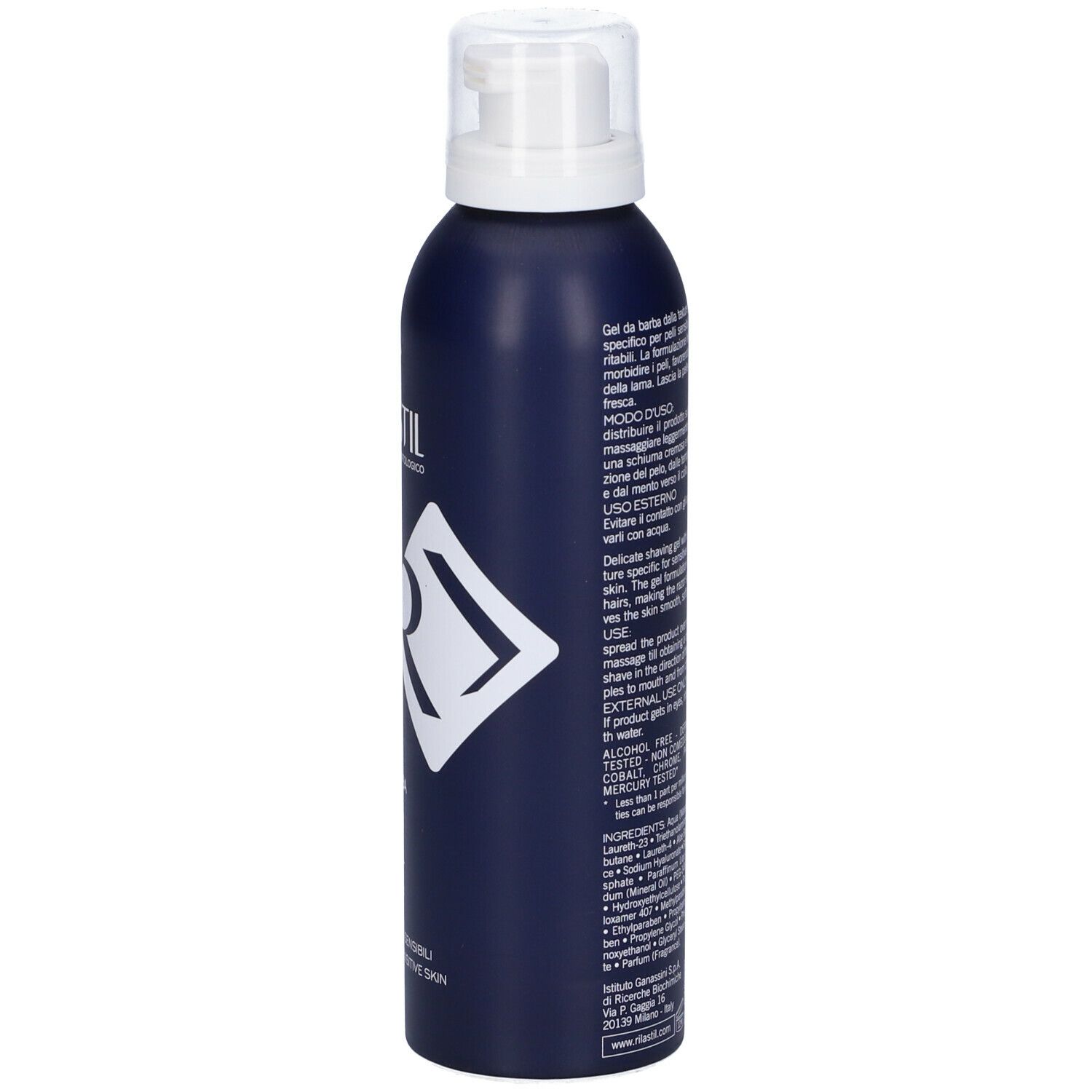 Flacone blu scuro con erogatore bianco. Scritte: Rilastil, Man, Gel da Barba, Shaving Gel. Specifico pelli sensibili.