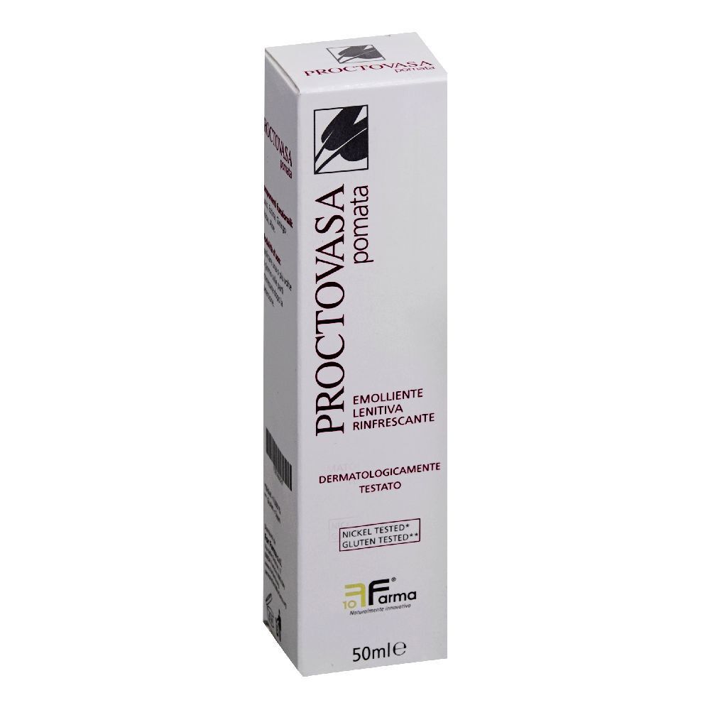 Scatola bianca con nome e logo del prodotto. Testo: PROCTOVASA pomata, Emolliente, Dermatologicamente Testato, 50ml.