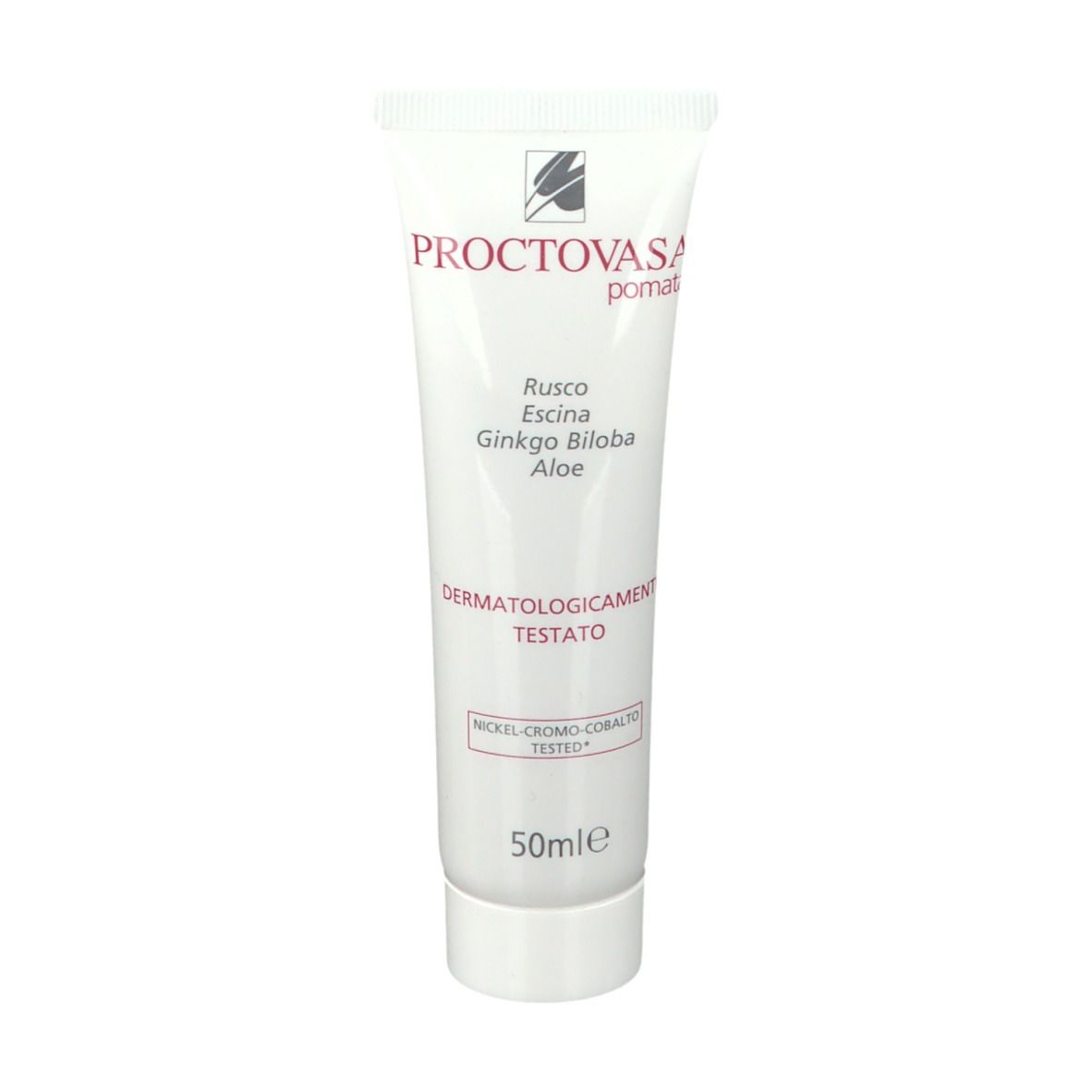 Tubo bianco con nome e logo del prodotto. Testo: PROCTOVASA pomata, Rusco, Escina, Ginkgo Biloba, Aloe, 50ml.